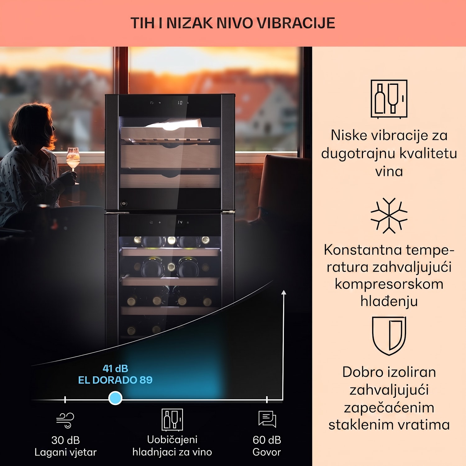 El Dorado 89, hladnjak za vino i sir, 2 zone, ekran osjetljiv na dodir, 89L, LED 89 litara | Crna