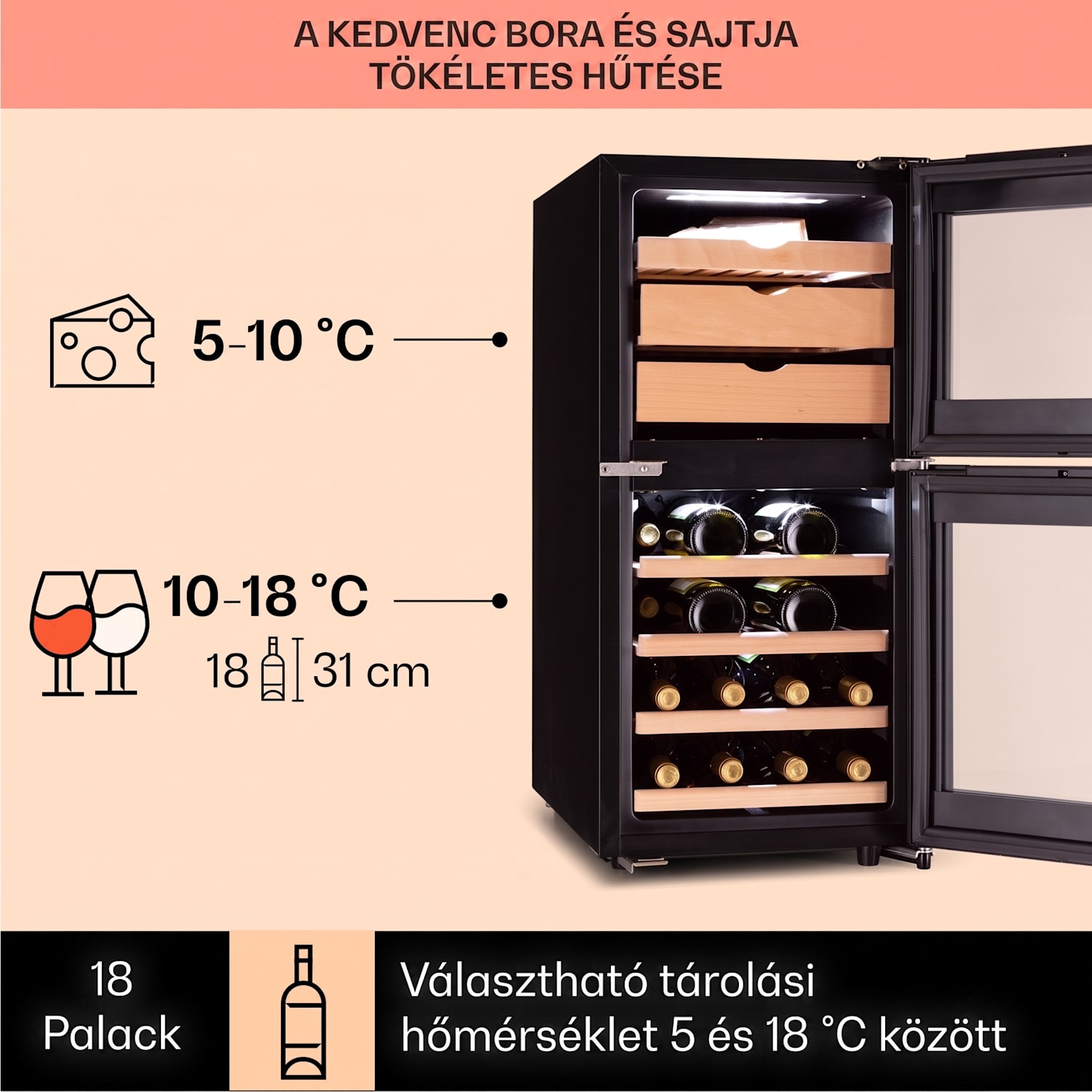 El Dorado 89, bor- és sajthűtő, 89 liter, 2 zóna, érintőképernyő, LED 89 liter | Fekete