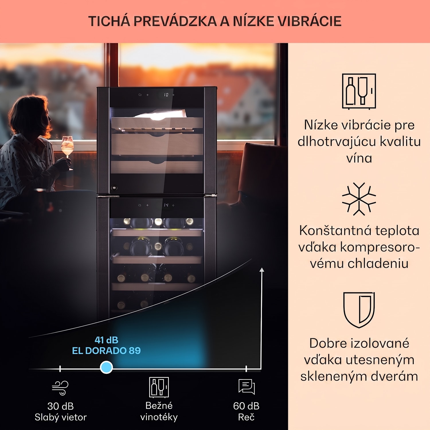 El Dorado 89, chladnička na víno a syr, 89 l, 2 zóny, dotykový displej, LED 89 litrov | Čierna