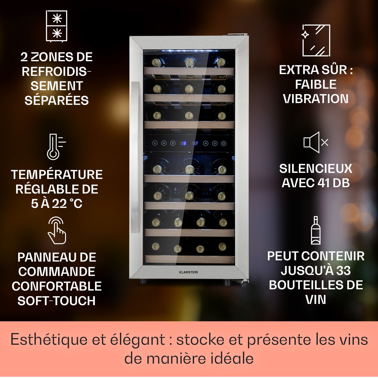 Vinamour 33 Duo wijnkoelkast 2 zones 89 L 33 flessen 5-18°C touch 33 flessen | 2 koelzones | Roestvrij Staal