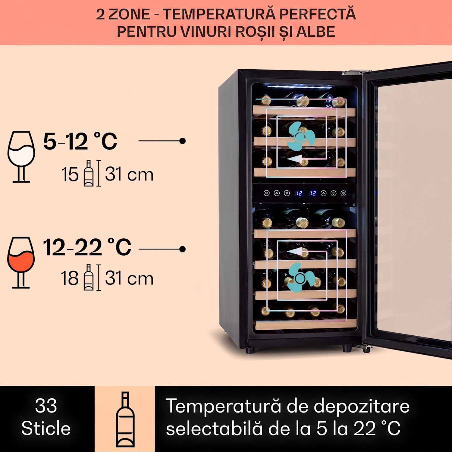 Vinamour 33 Duo, frigider pentru vin, 2 zone, 89 l / 33 sticle, 5-18 °C, control tactil 33 sticle | 2 | Oțel inoxidabil