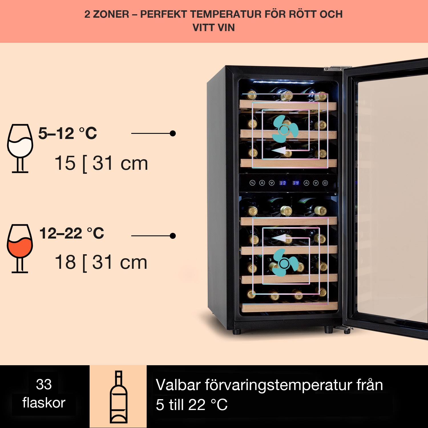 Vinamour 33 Duo Vinkylskåp 2 zoner 89 l / 33 flaskor 5-18 °C touch 