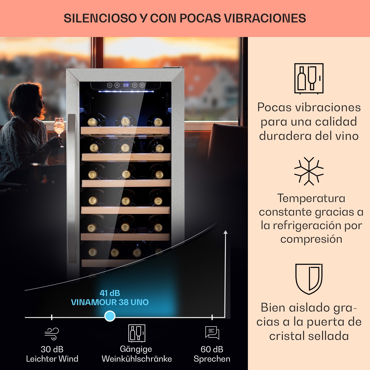 Vinamour 38 Uno nevera para vinos 38 botellas | 1 zona de refrigeración | Acero Inoxidable