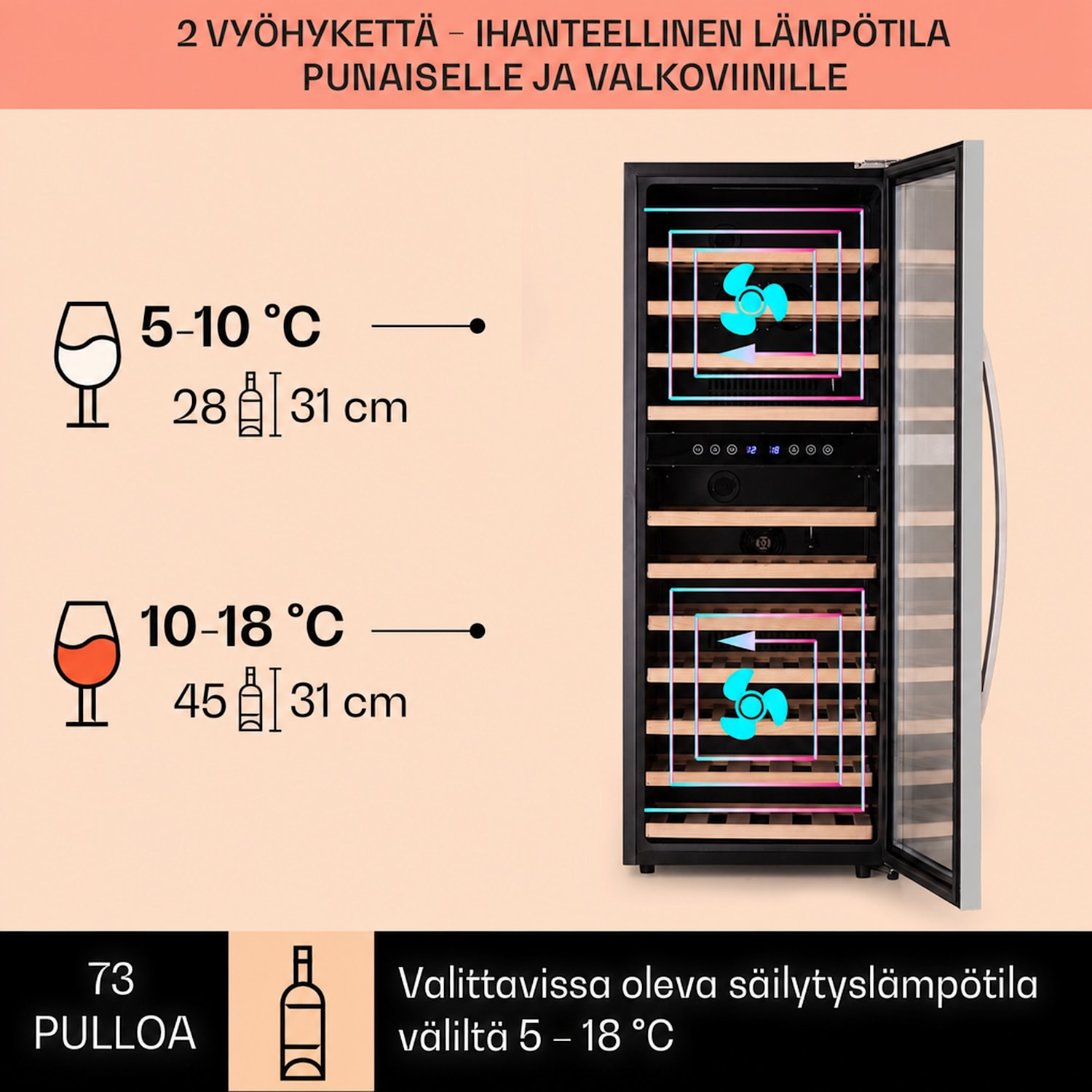 Vinamour 73 Duo -viinikaappi 2 aluetta 192 l/73 pulloa 5–18 °C kosketus 73 pulloa | 2 jäähdytysalue | Ruostumaton Teräs