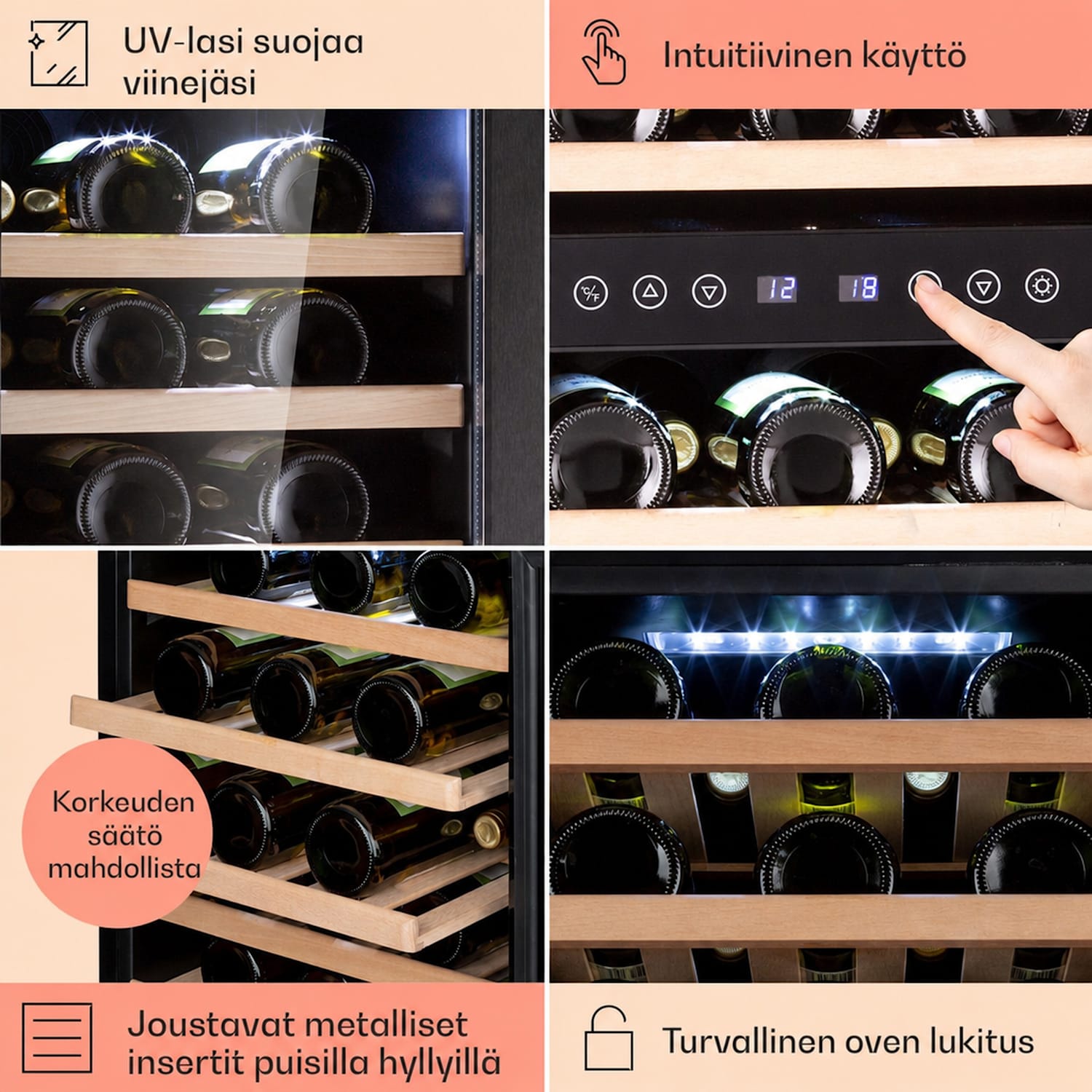 Vinamour 73 Duo -viinikaappi 2 aluetta 192 l/73 pulloa 5–18 °C kosketus 73 pulloa | 2 jäähdytysalue | Ruostumaton Teräs