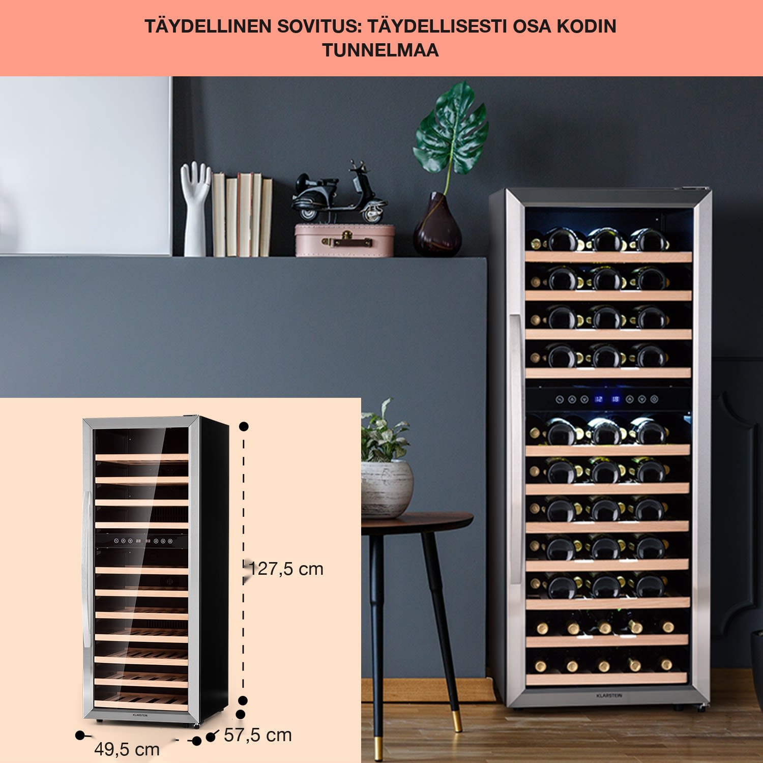 Vinamour 73 Duo -viinikaappi 2 aluetta 192 l/73 pulloa 5–18 °C kosketus 73 pulloa | 2 jäähdytysalue | Ruostumaton Teräs