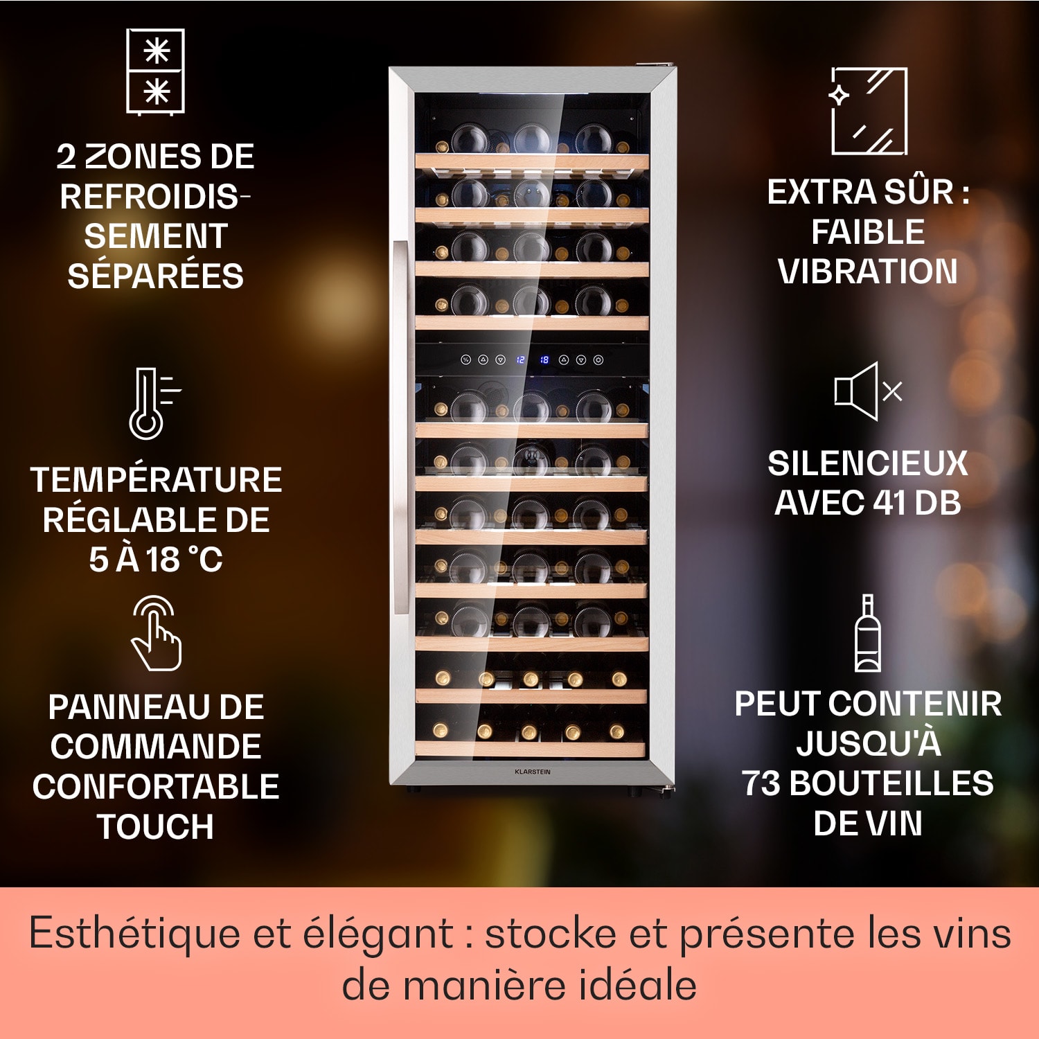 Vinamour 73 Duo Cave à vin 2 zones 192 L/73 bouteilles 5-18°C tactile 73 bouteilles | 2 zones de conservation | Acier Inoxydable
