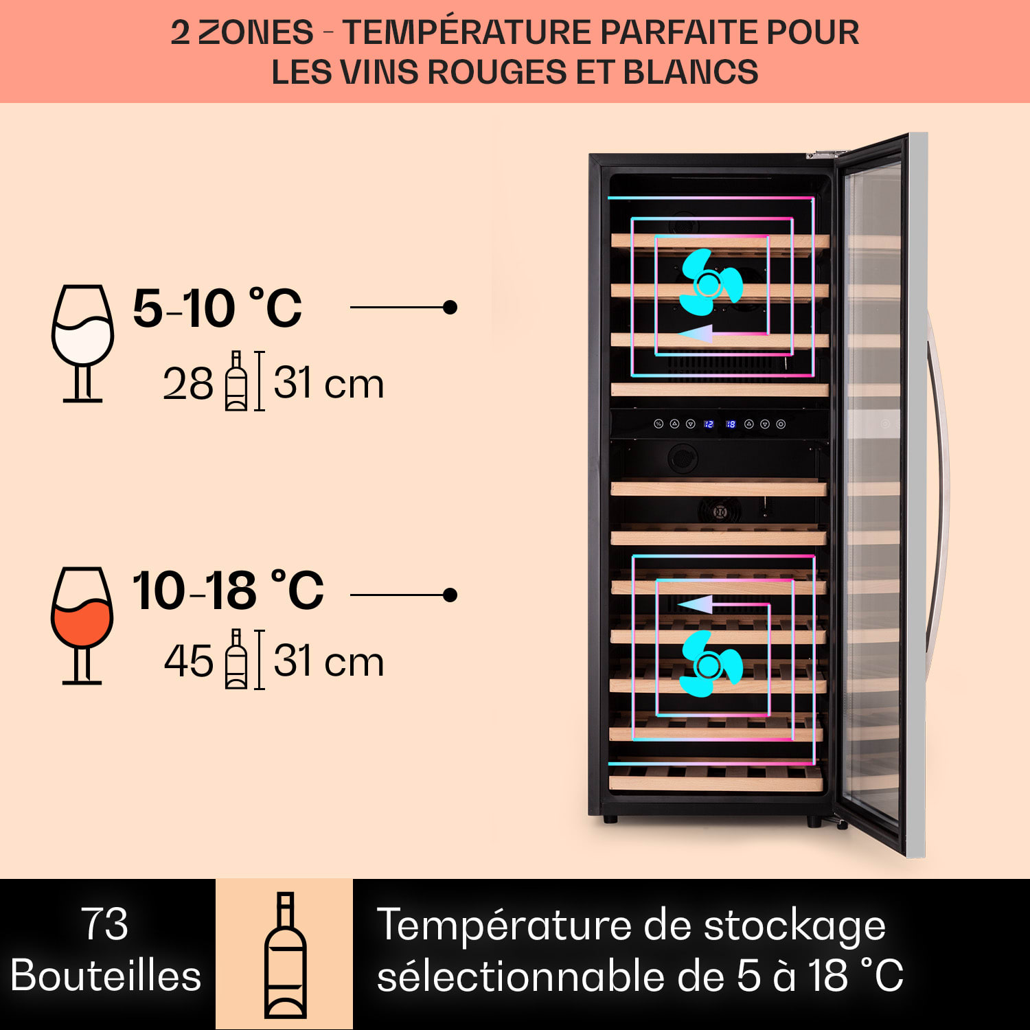 Vinamour 73 Duo Cave à vin 2 zones 192 L/73 bouteilles 5-18°C tactile 73 bouteilles | 2 zones de conservation | Acier Inoxydable