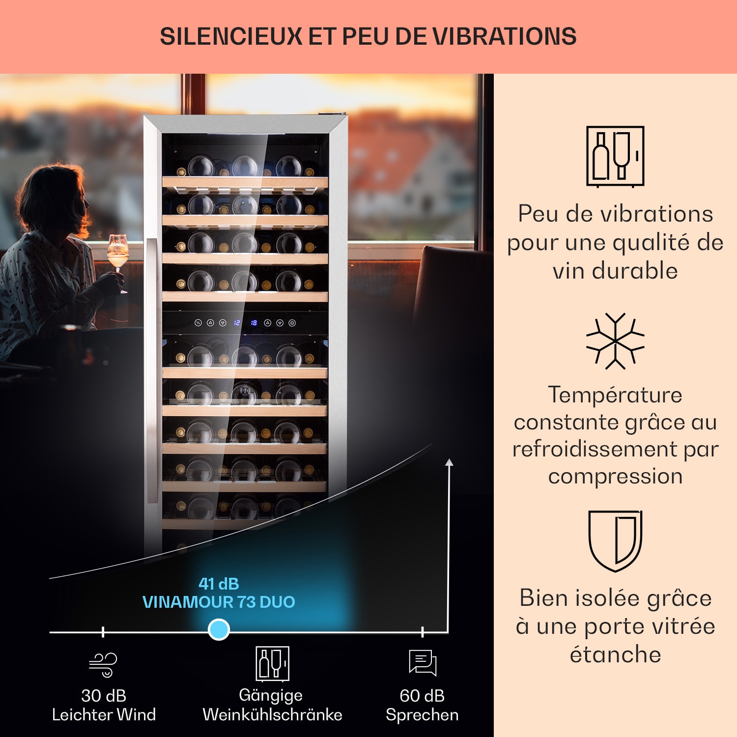 Vinamour 73 Duo Cave à vin 2 zones 192 L/73 bouteilles 5-18°C tactile 73 bouteilles | 2 zones de conservation | Acier Inoxydable