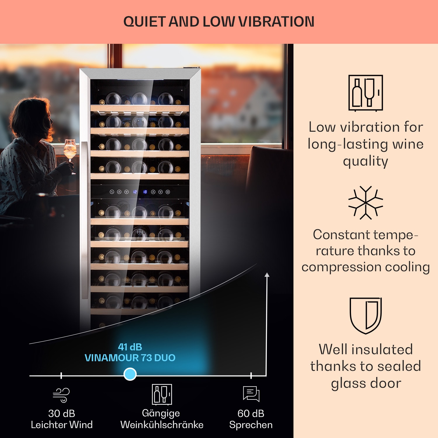 Vinamour 73 Duo, borhűtő, 192 liter, 73 palack, 5 -18 °C, 2 zóna, érintésvezérlés 73 palack | 2 hűtőzóna | Rozsdamentes acél