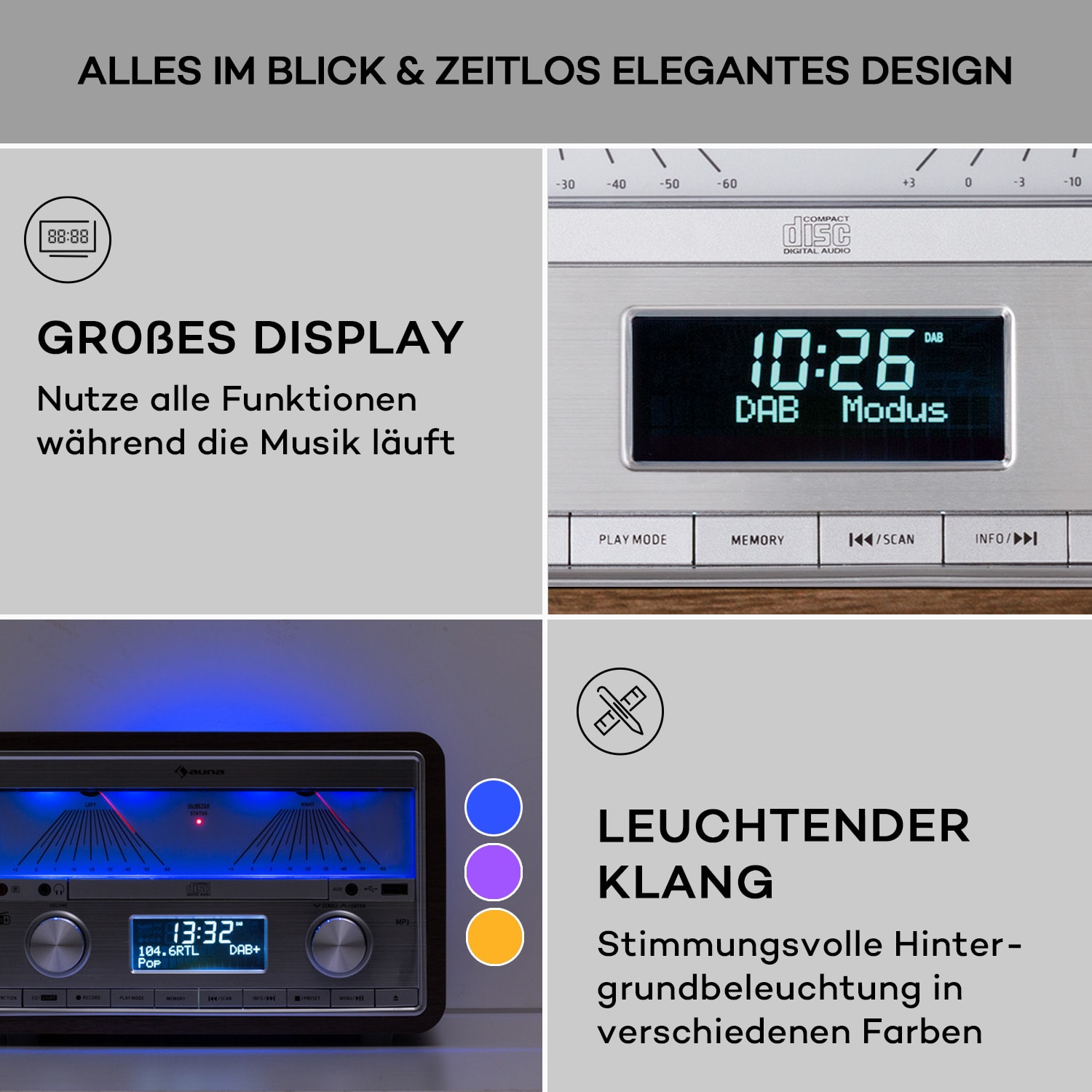 Elton Stereo-Anlage CD BT MP3 DAB+ UKW Radio VU-Meter Ambientelicht DAB / FM | Walnuss