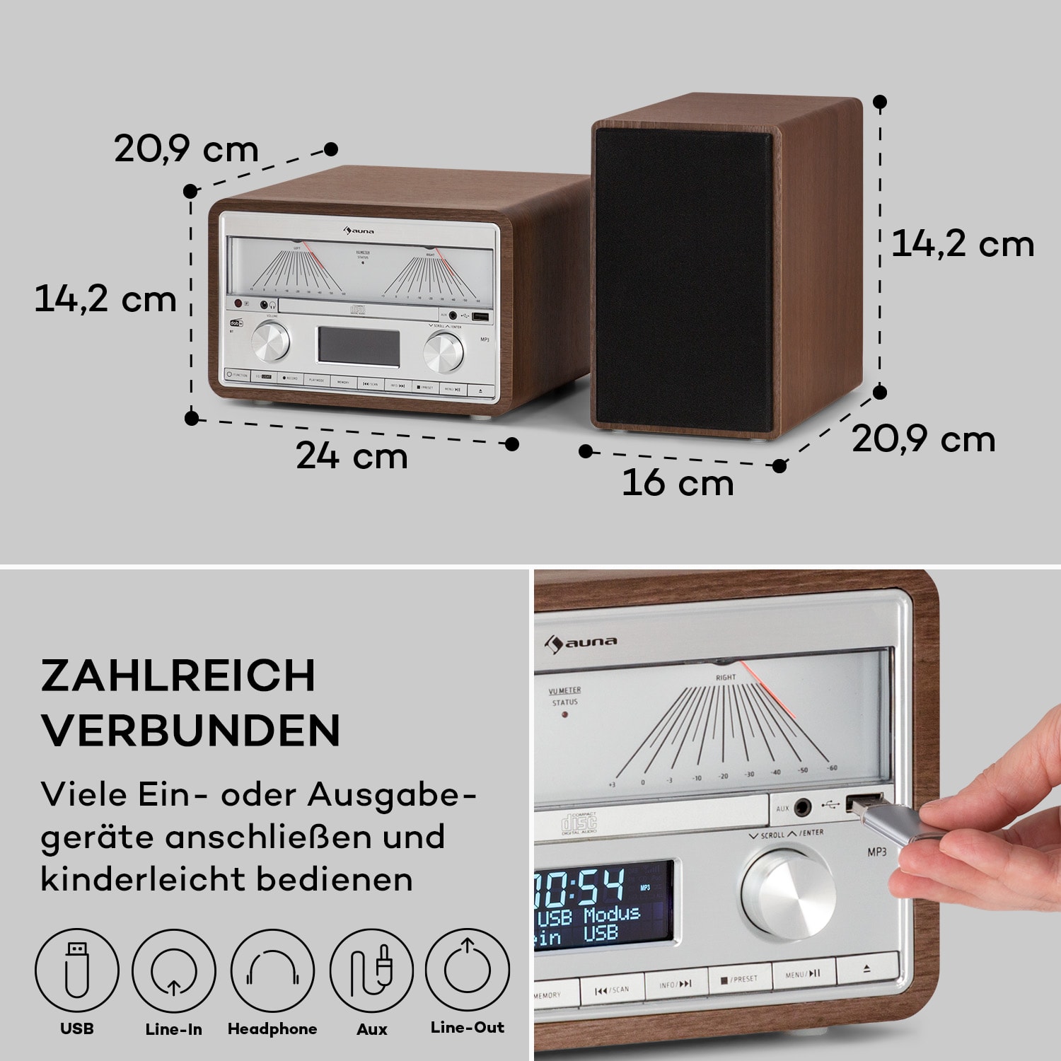 Elton Stereo-Anlage CD BT MP3 DAB+ UKW Radio VU-Meter Ambientelicht DAB / FM | Walnuss