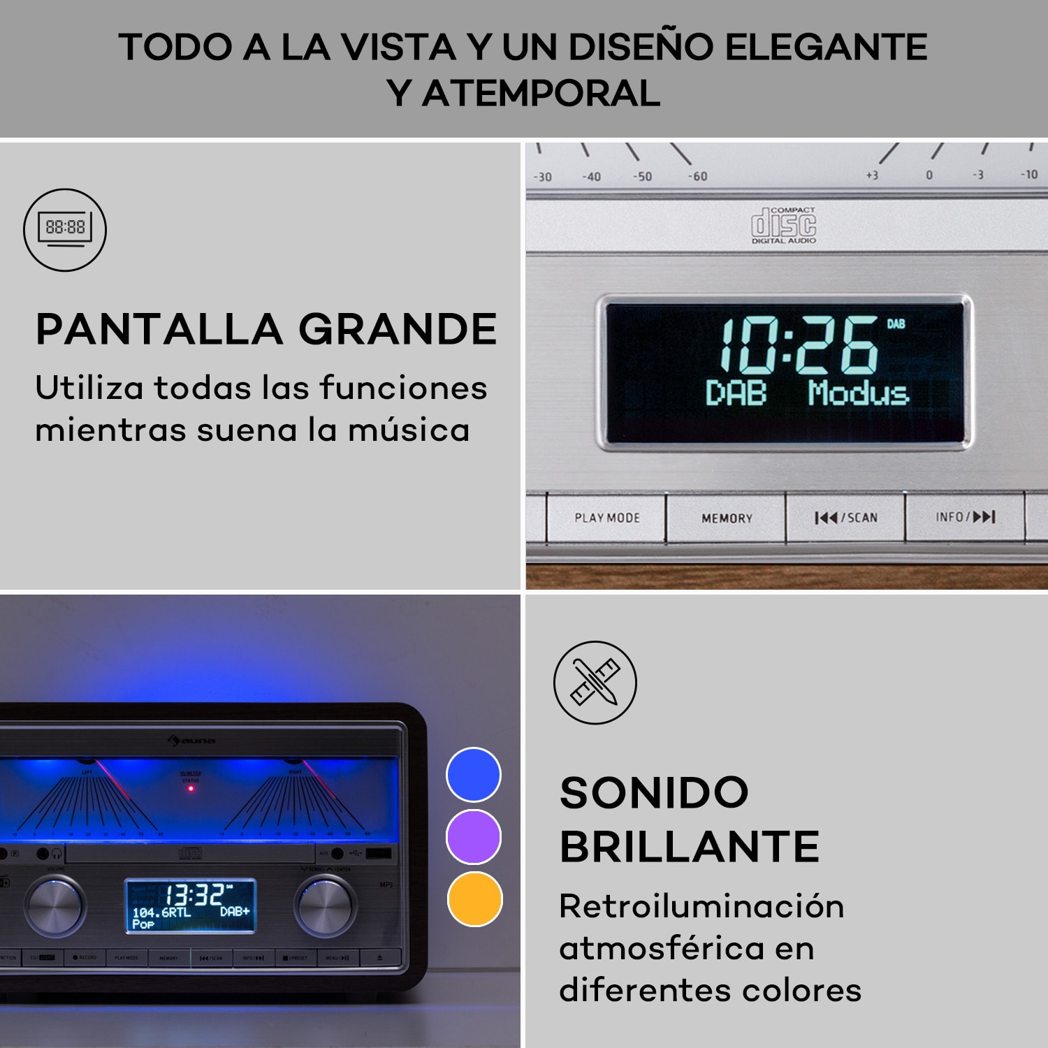 Elton Sistema estéreo CD BT MP3 DAB+ FM Radio VU-Metro Luz ambiente DAB / FM | Nuez