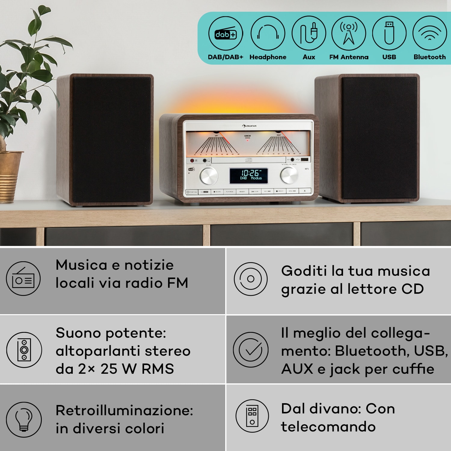 Stockton Micro Impianto Stereo 20W Max. DAB+ FM CD BT OLED Nero