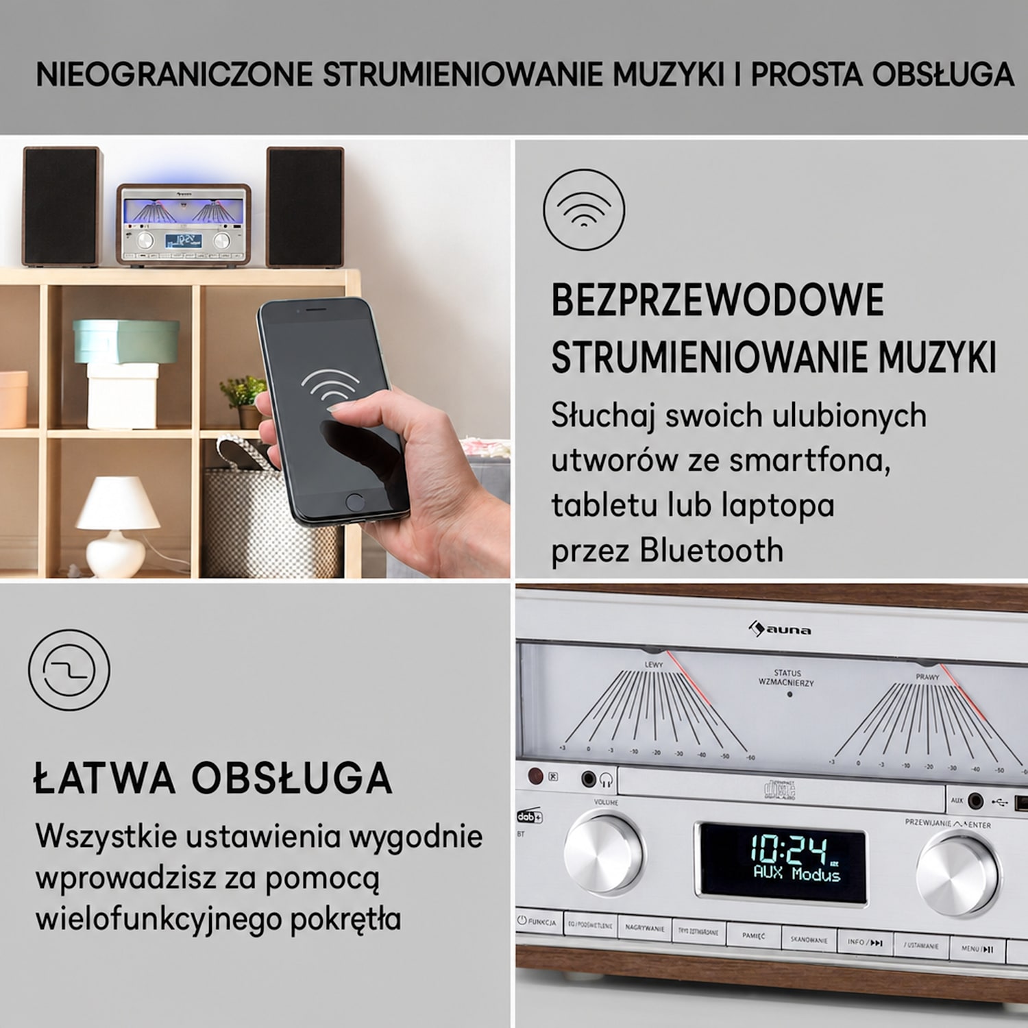 Elton, wieża stereo, CD/BT/MP3/radio DAB+/FM, VU-metr, nastrojowe podświetlenie DAB / FM | Orzech Włoski