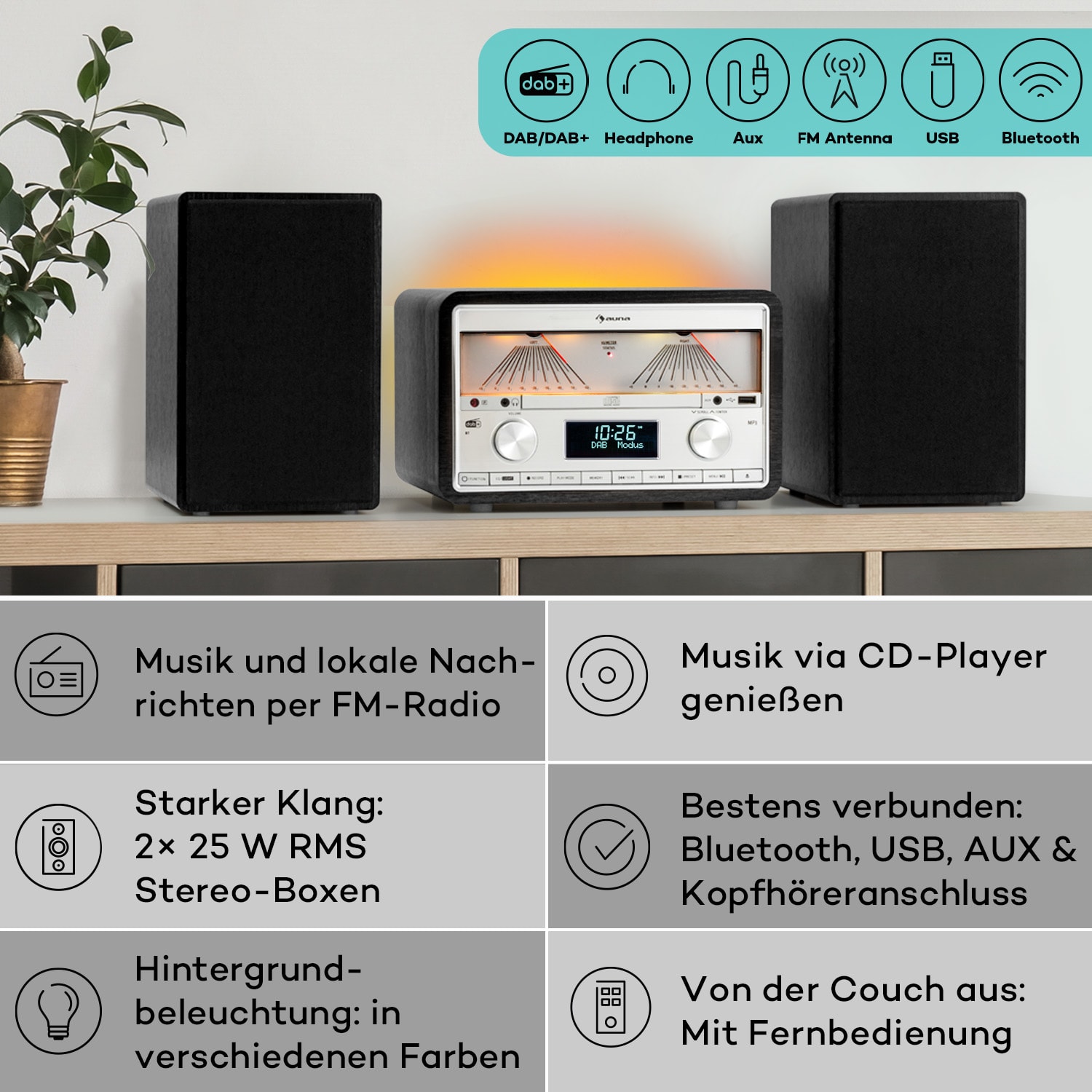 Elton Stereo-Anlage CD BT MP3 DAB+ UKW Radio VU-Meter Ambientelicht DAB / FM | Schwarz