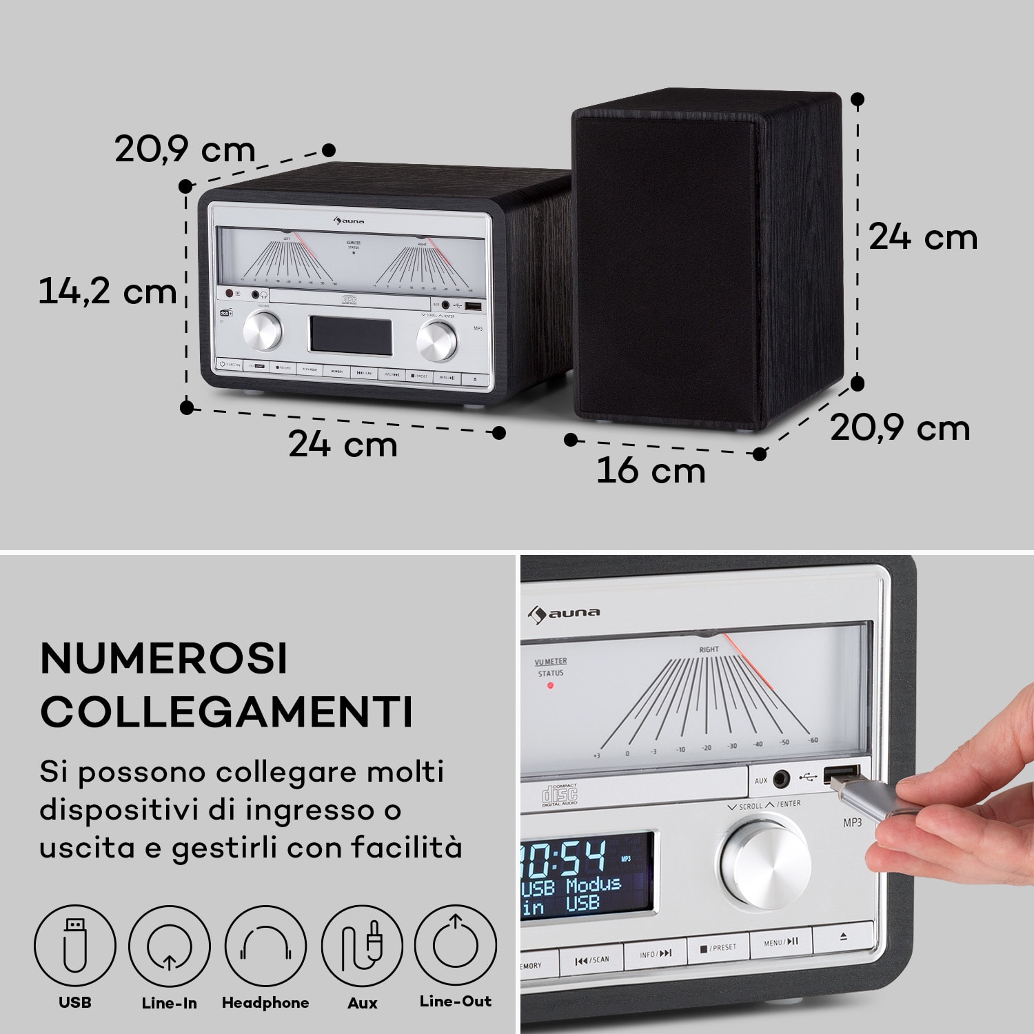 Elton - Impianto stereo, CD, BT, MP3, DAB+, FM, VU-Meter, luce ambiente DAB / FM | Nero