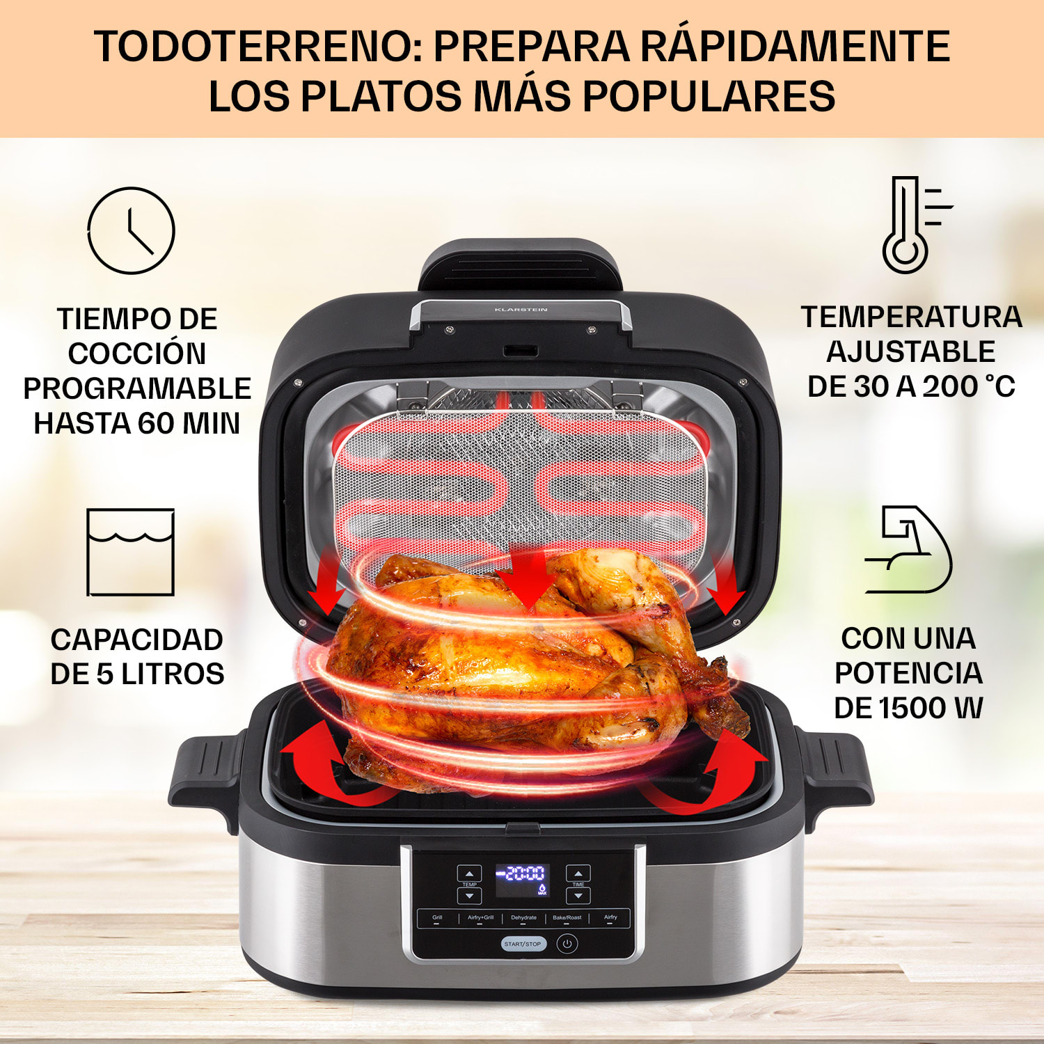Combo Air Grill-Hot Air Fryer 5 programas 1500 vatios 4,5 L cesta grill 2,5 L cesta freidora Acero Inoxidable