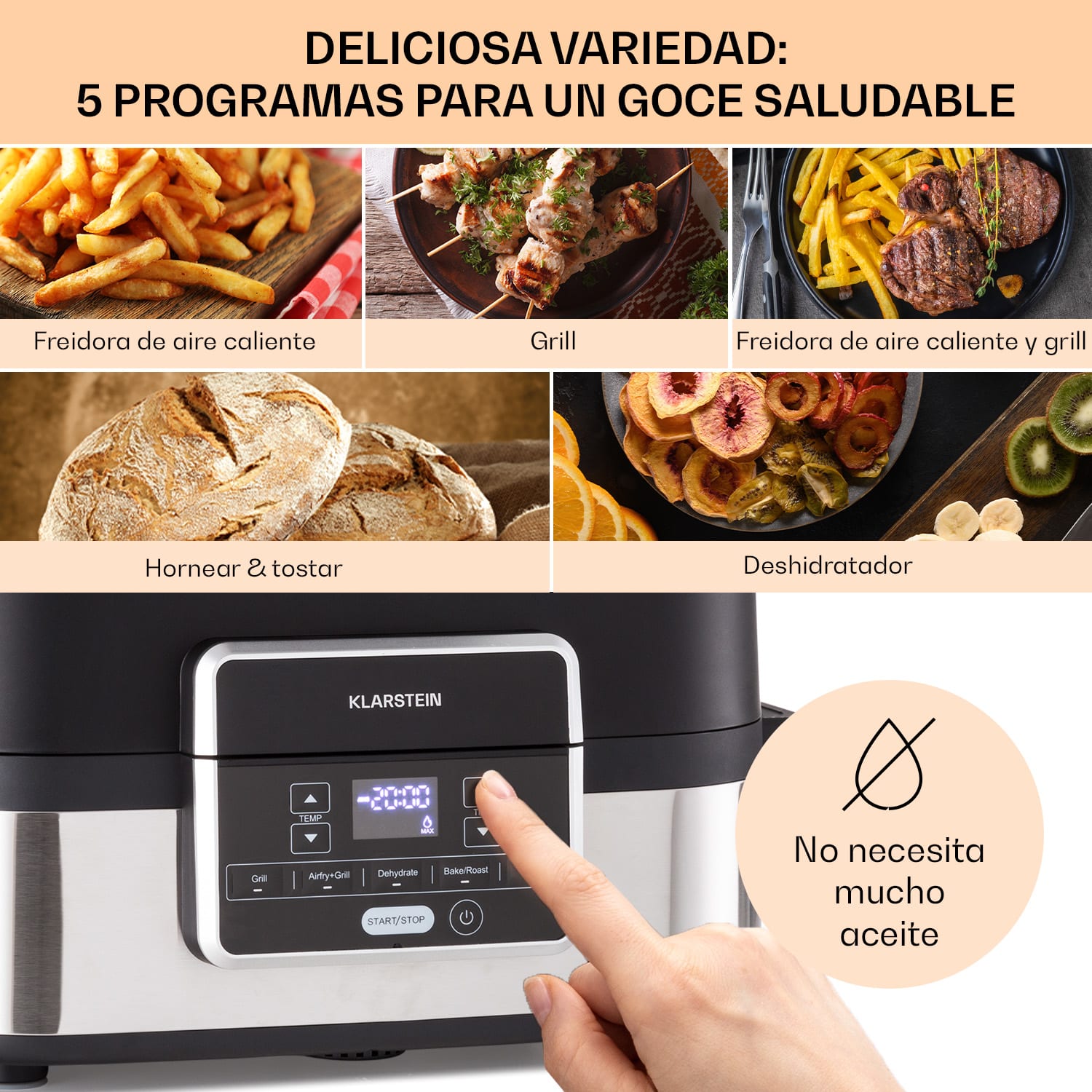 Combo Air Grill-Hot Air Fryer 5 programas 1500 vatios 4,5 L cesta grill 2,5 L cesta freidora Acero Inoxidable