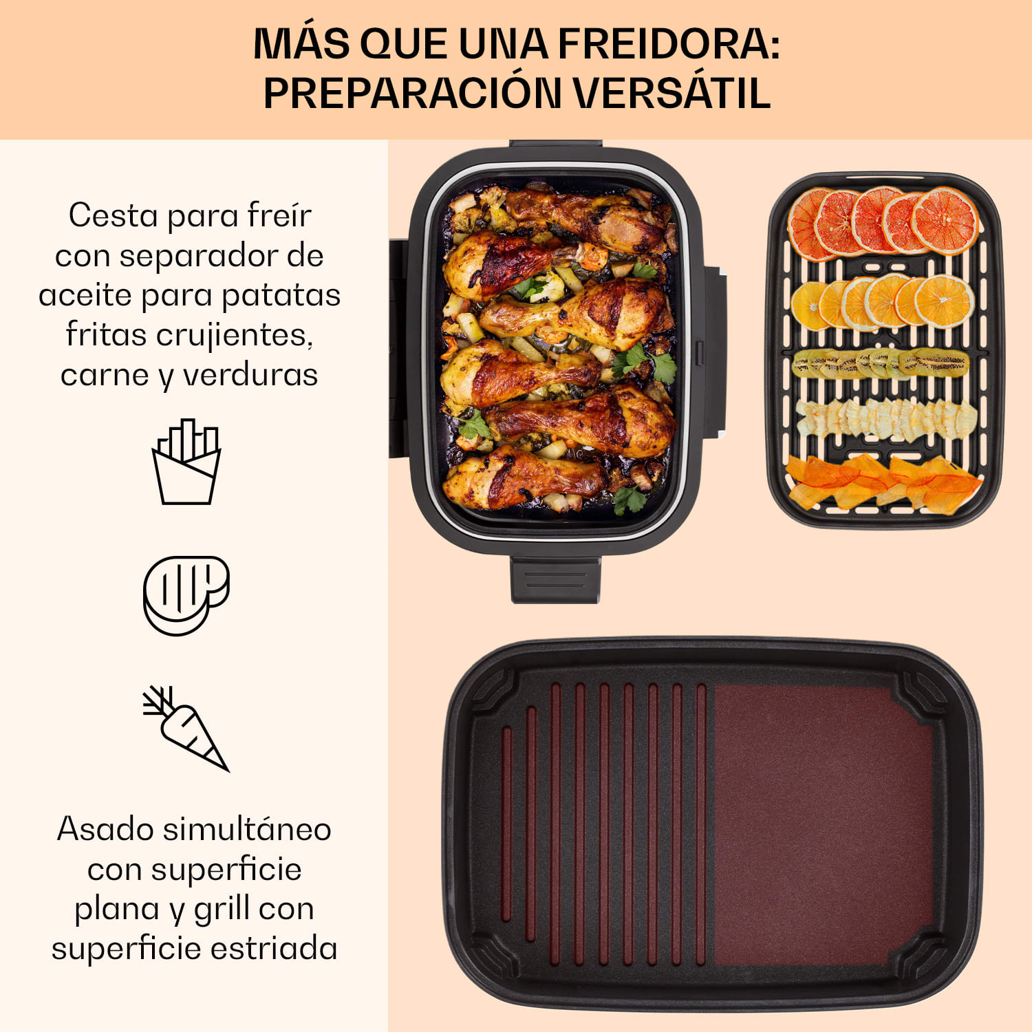 Combo Air Grill-Hot Air Fryer 5 programas 1500 vatios 4,5 L cesta grill 2,5 L cesta freidora Acero Inoxidable