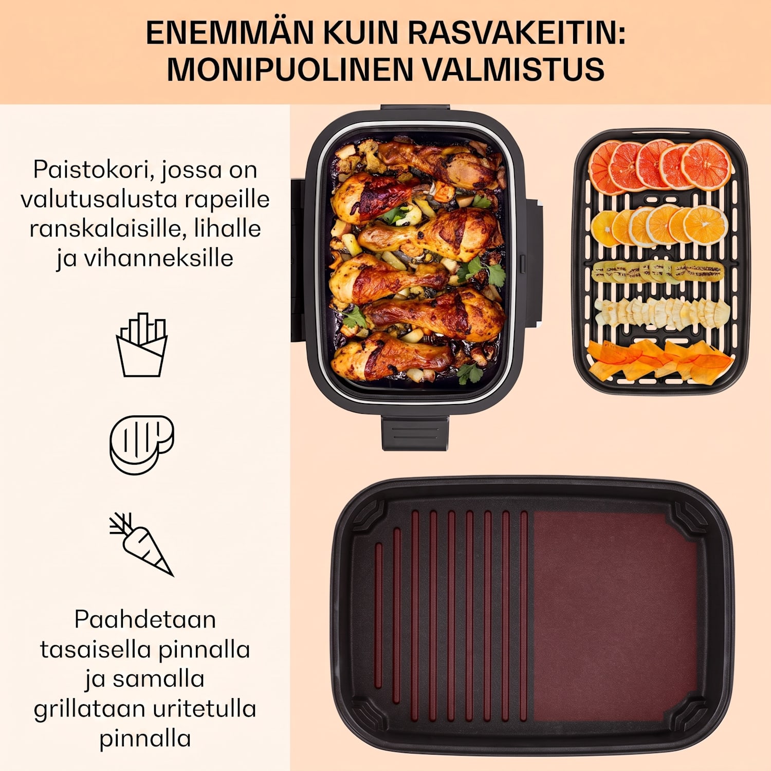 Combo Air grilli/kuumailmakeitin 5 ohjelmaa 1500 W 4,5 l grillauskori 2,5 l friteerauskori Ruostumaton Teräs