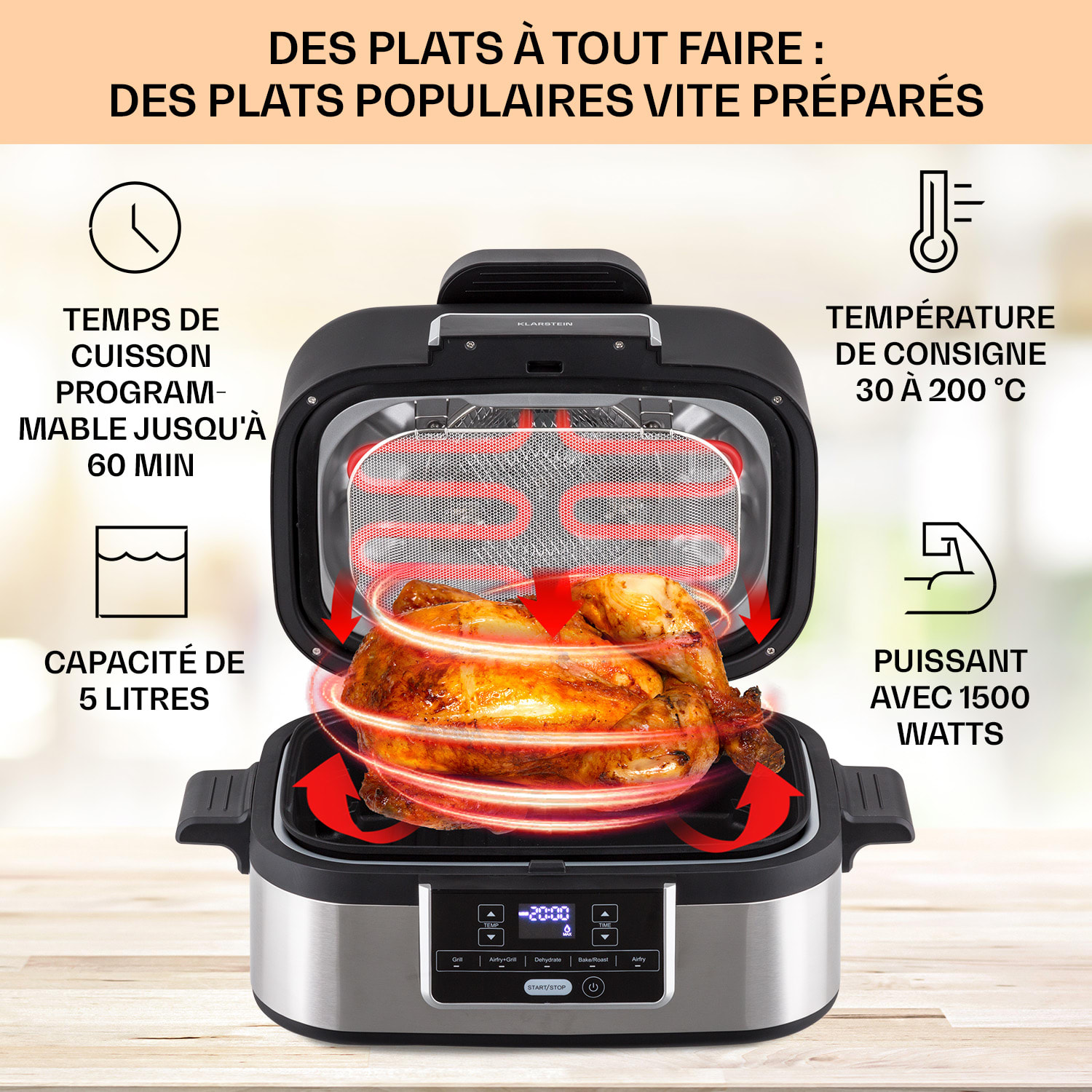 Combo Air friteuse à air chaud et gril 5 programmes 1500 watts Panier grill 4,5 L Panier friture 2,5 L Acier Inoxydable