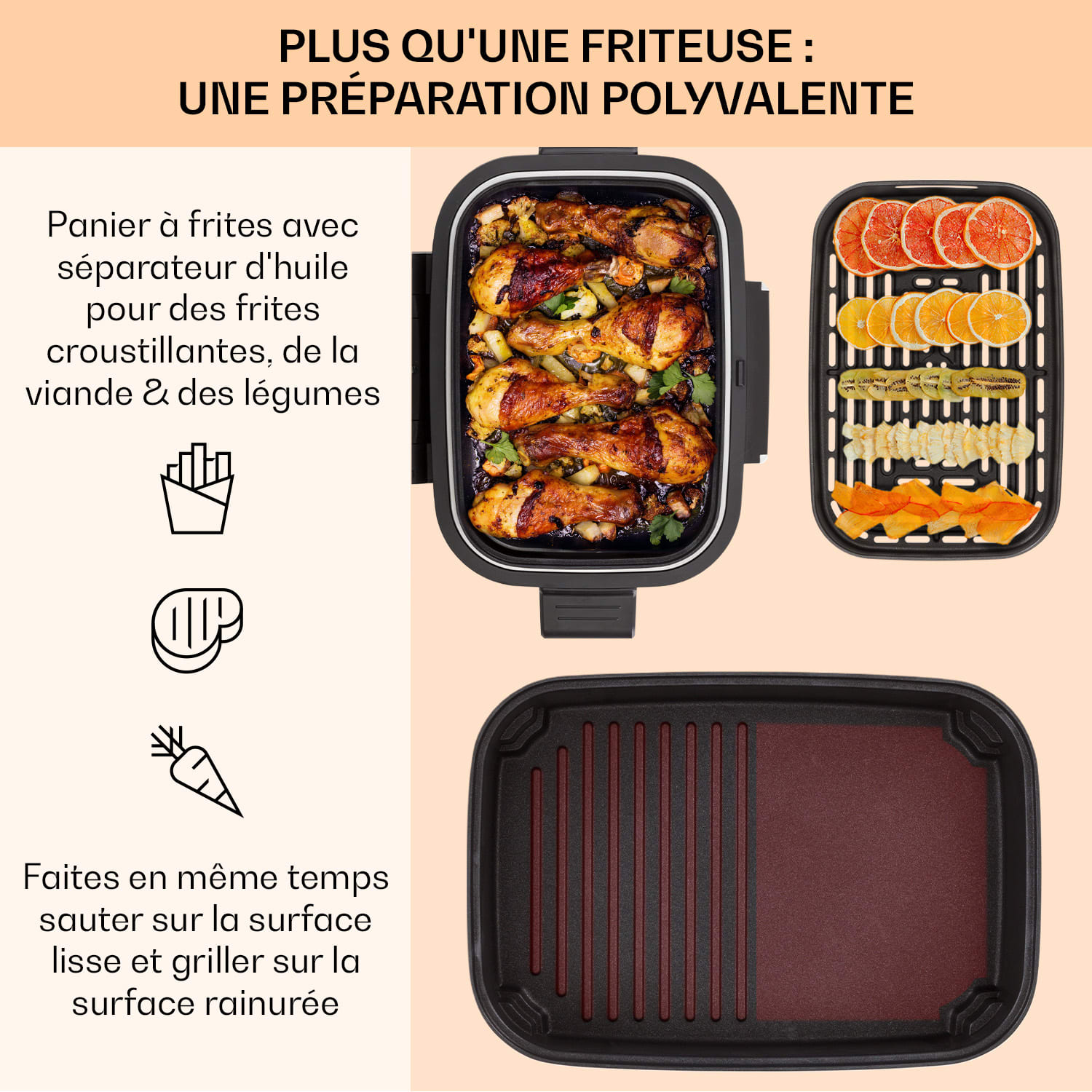 Combo Air friteuse à air chaud et gril 5 programmes 1500 watts Panier grill 4,5 L Panier friture 2,5 L Acier Inoxydable