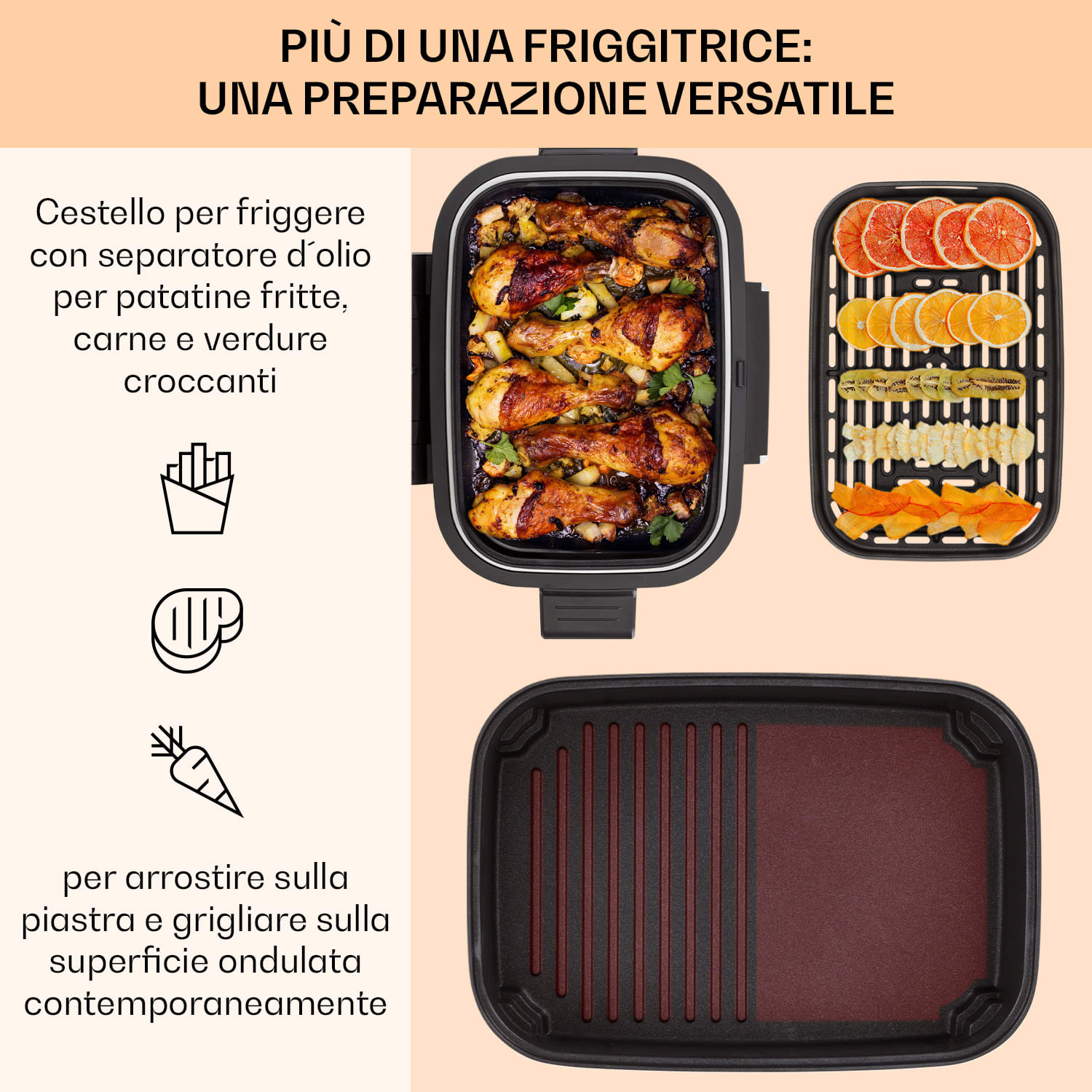 Combo Air - Friggitrice e griglia ad aria calda, 5 programmi, 1500 watt, inserto per grigliare da 4,5 l, cestello per friggere da 2,5 l 