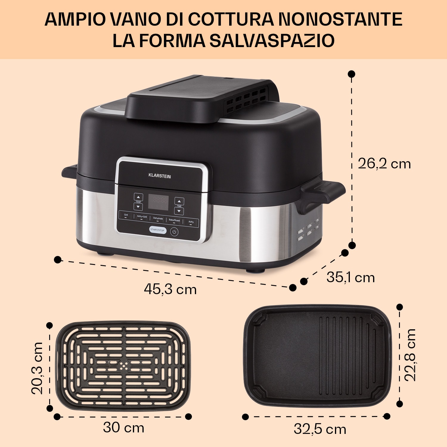 Combo Air - Friggitrice e griglia ad aria calda, 5 programmi, 1500 watt, inserto per grigliare da 4,5 l, cestello per friggere da 2,5 l 