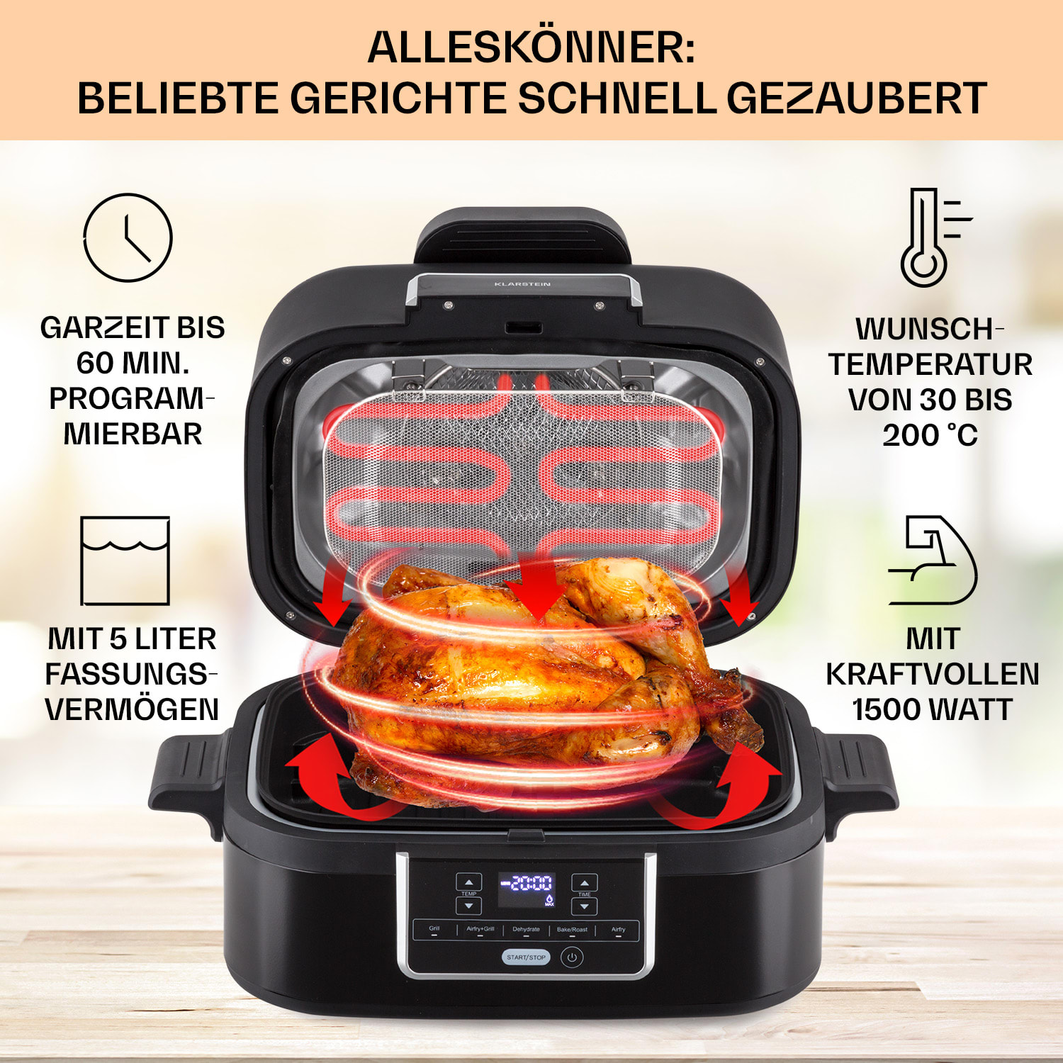 Combo Air Grill-Heißluftfritteuse 5 Programme 1500   Watt 4,5 L Grillkorb 2,5 L Frittierkorb Schwarz