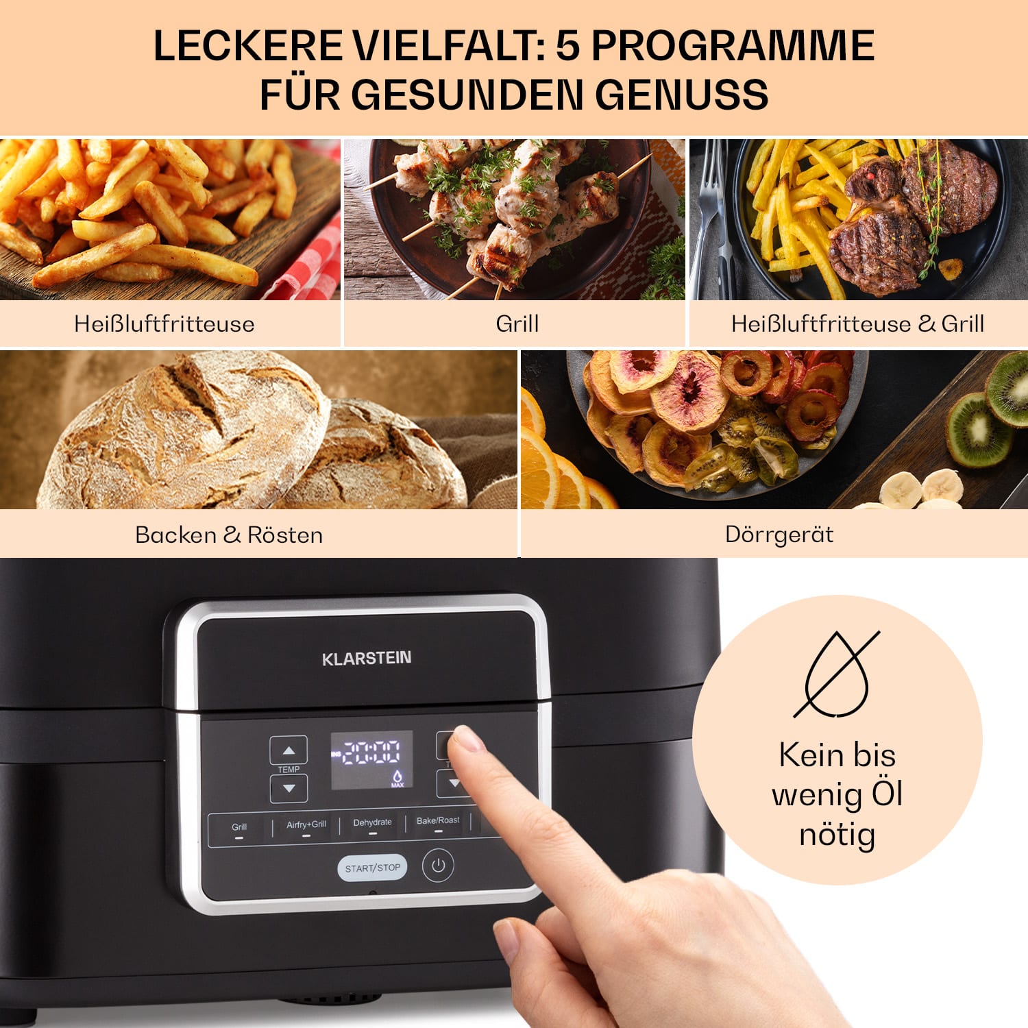 Combo Air Grill-Heißluftfritteuse 5 Programme 1500   Watt 4,5 L Grillkorb 2,5 L Frittierkorb Schwarz