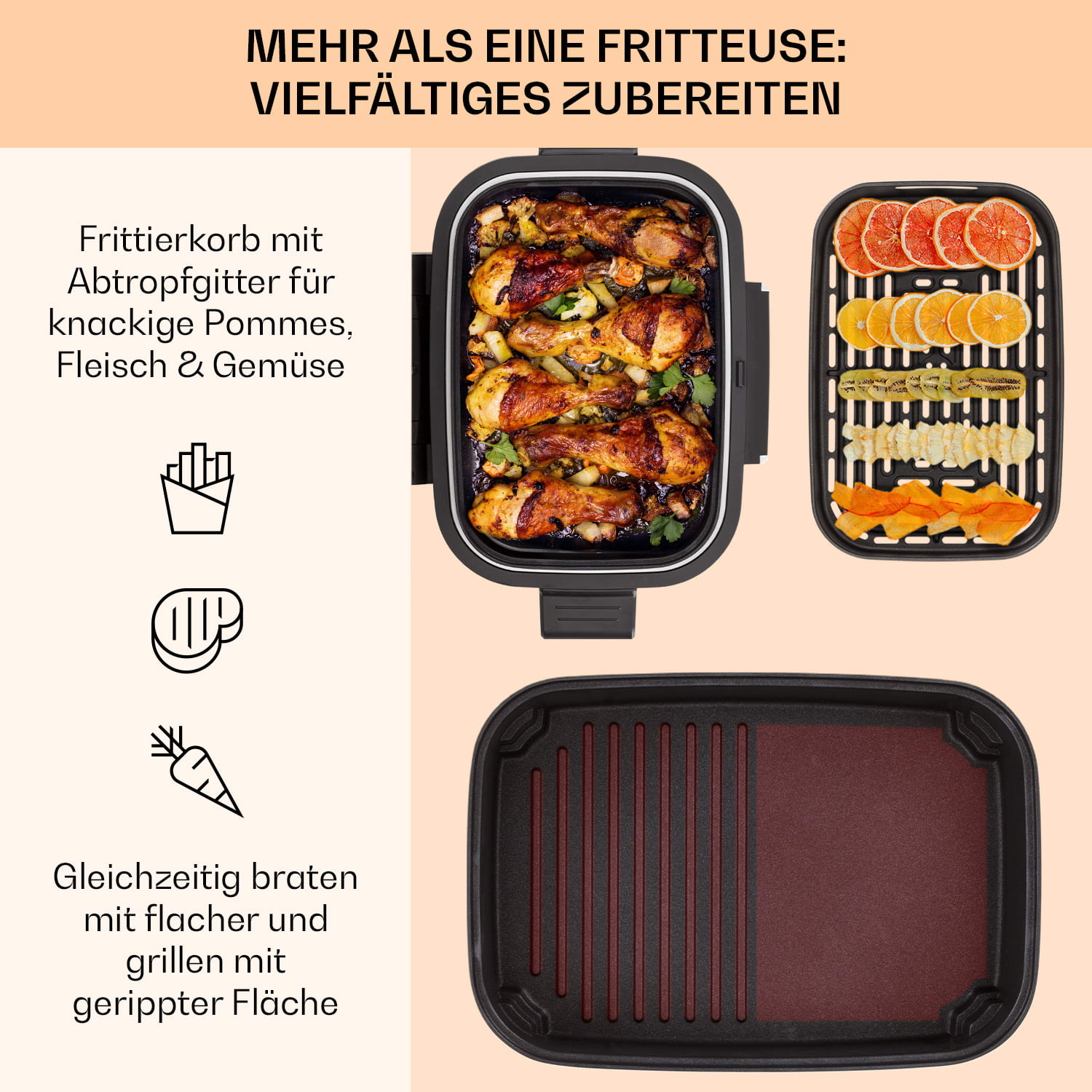 Combo Air Grill-Heißluftfritteuse 5 Programme 1500   Watt 4,5 L Grillkorb 2,5 L Frittierkorb Schwarz