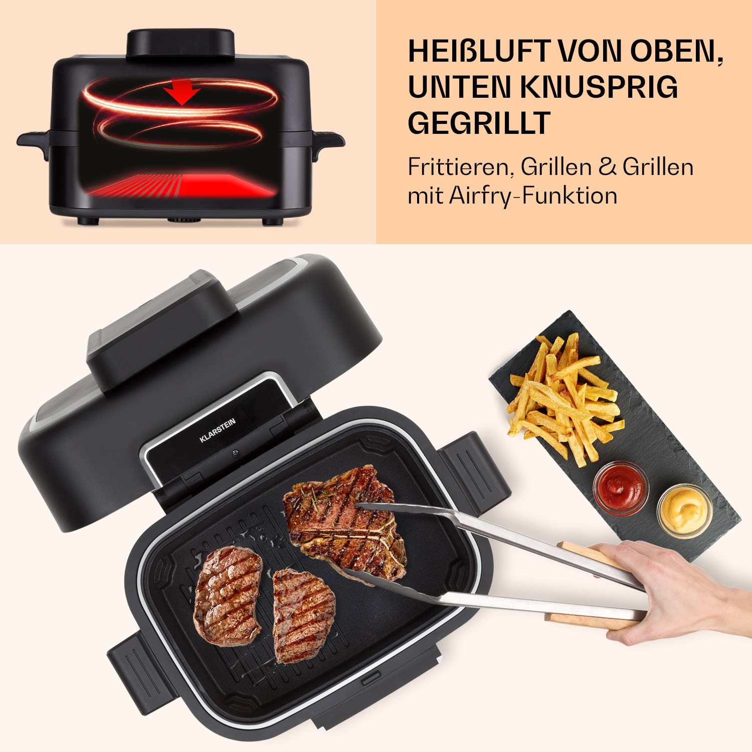 Combo Air Grill-Heißluftfritteuse 5 Programme 1500   Watt 4,5 L Grillkorb 2,5 L Frittierkorb Schwarz
