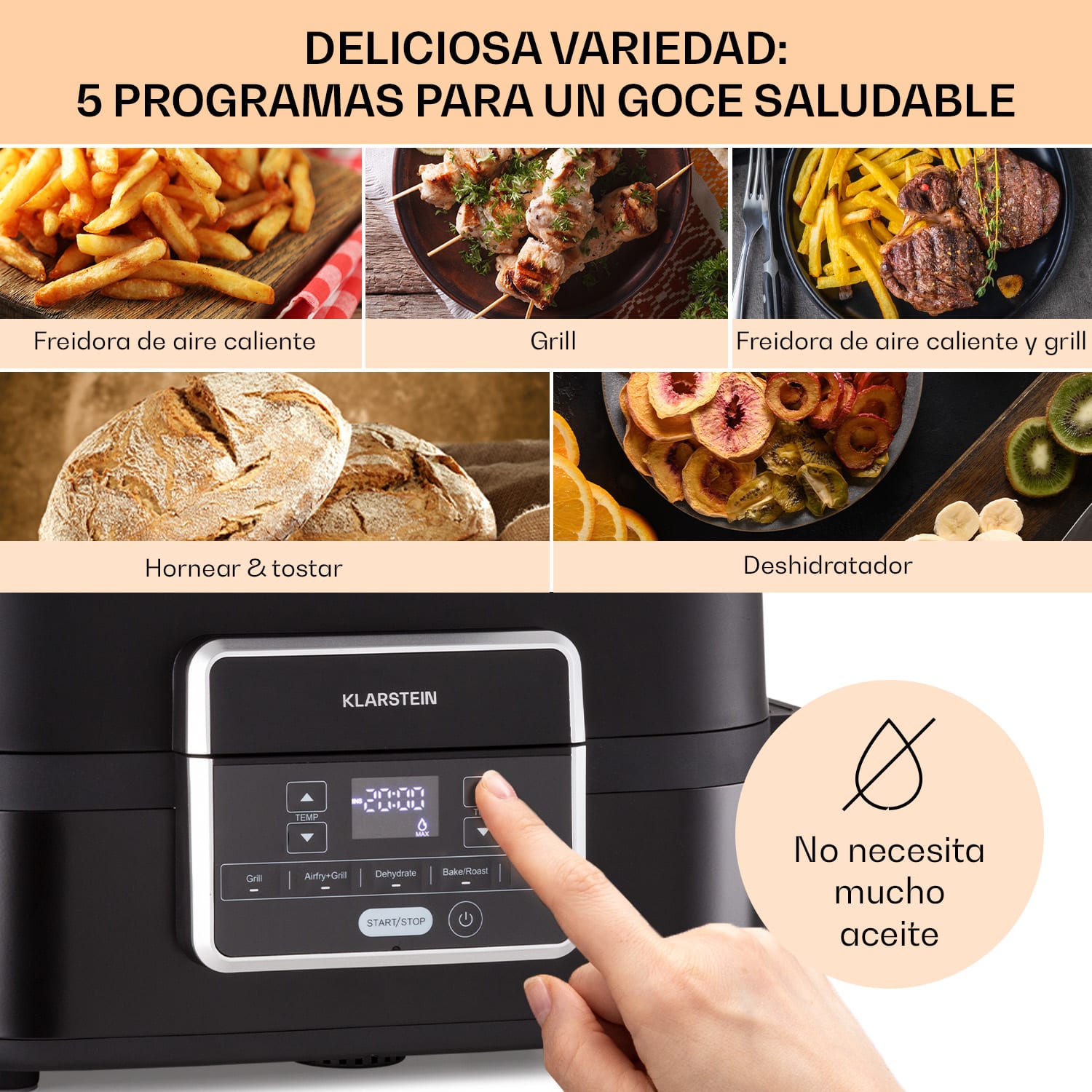 Combo Air Grill-Hot Air Fryer 5 programas 1500 vatios 4,5 L cesta grill 2,5 L cesta freidora Negro