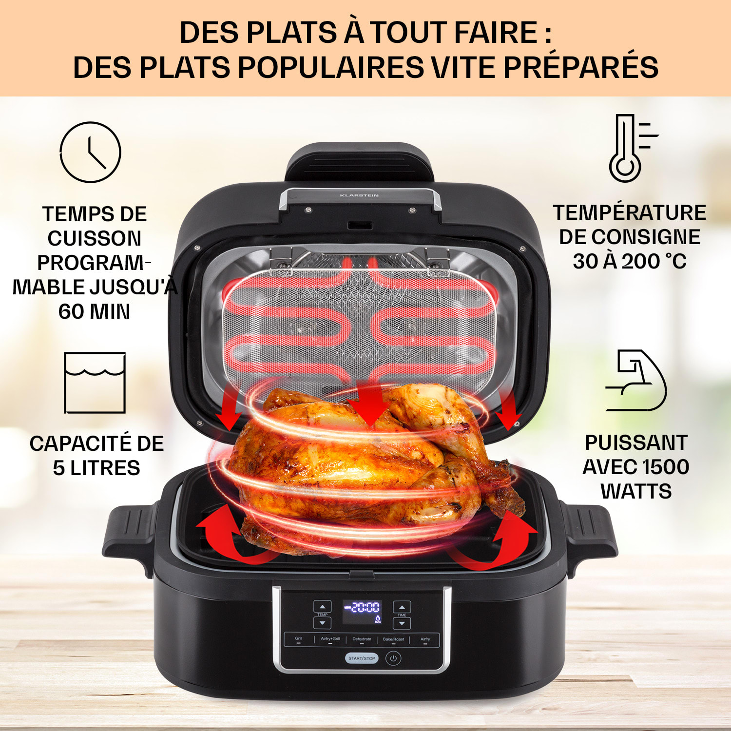 Combo Air friteuse à air chaud et gril 5 programmes 1500 watts Panier grill 4,5 L Panier friture 2,5 L Noir