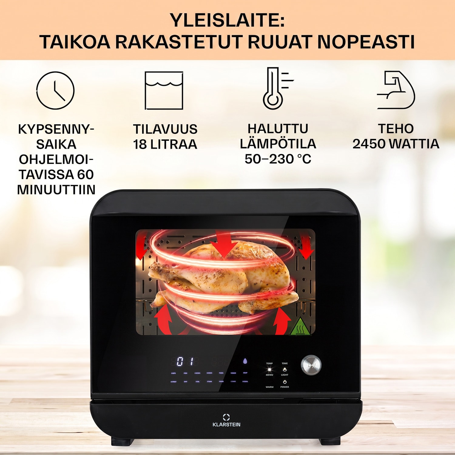 Vita Pro kuumailmakeitin höyrykypsennyksellä 2450 W 18 litraa 14 ohjelmaa 800 ml vesisäiliö Musta