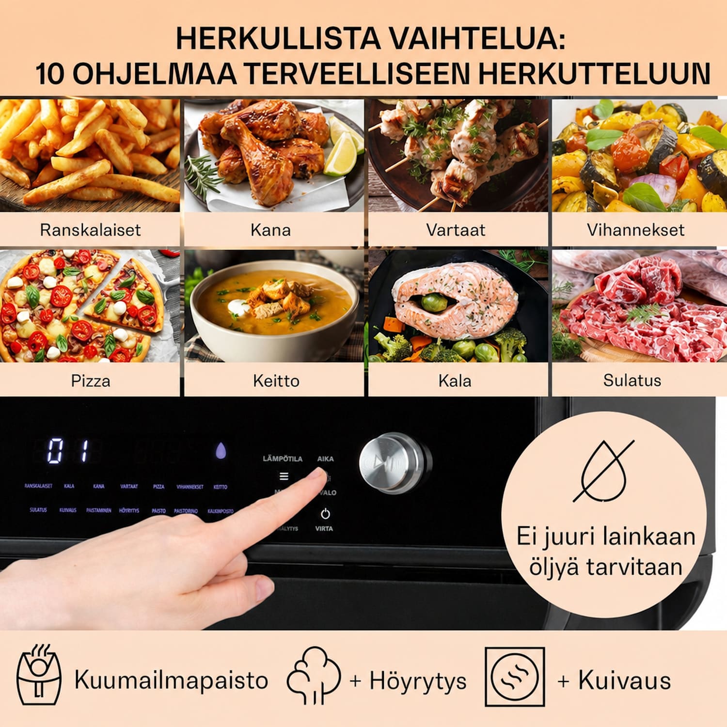 Vita Pro kuumailmakeitin höyrykypsennyksellä 2450 W 18 litraa 14 ohjelmaa 800 ml vesisäiliö Musta