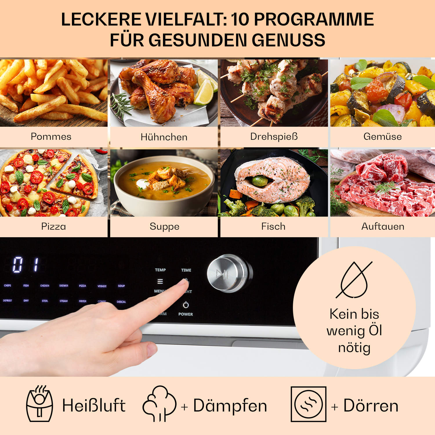 Vita Pro Heißluftfritteuse Dampfgaren 2450 W 18 Ltr 800 ml Wassertank Weiß