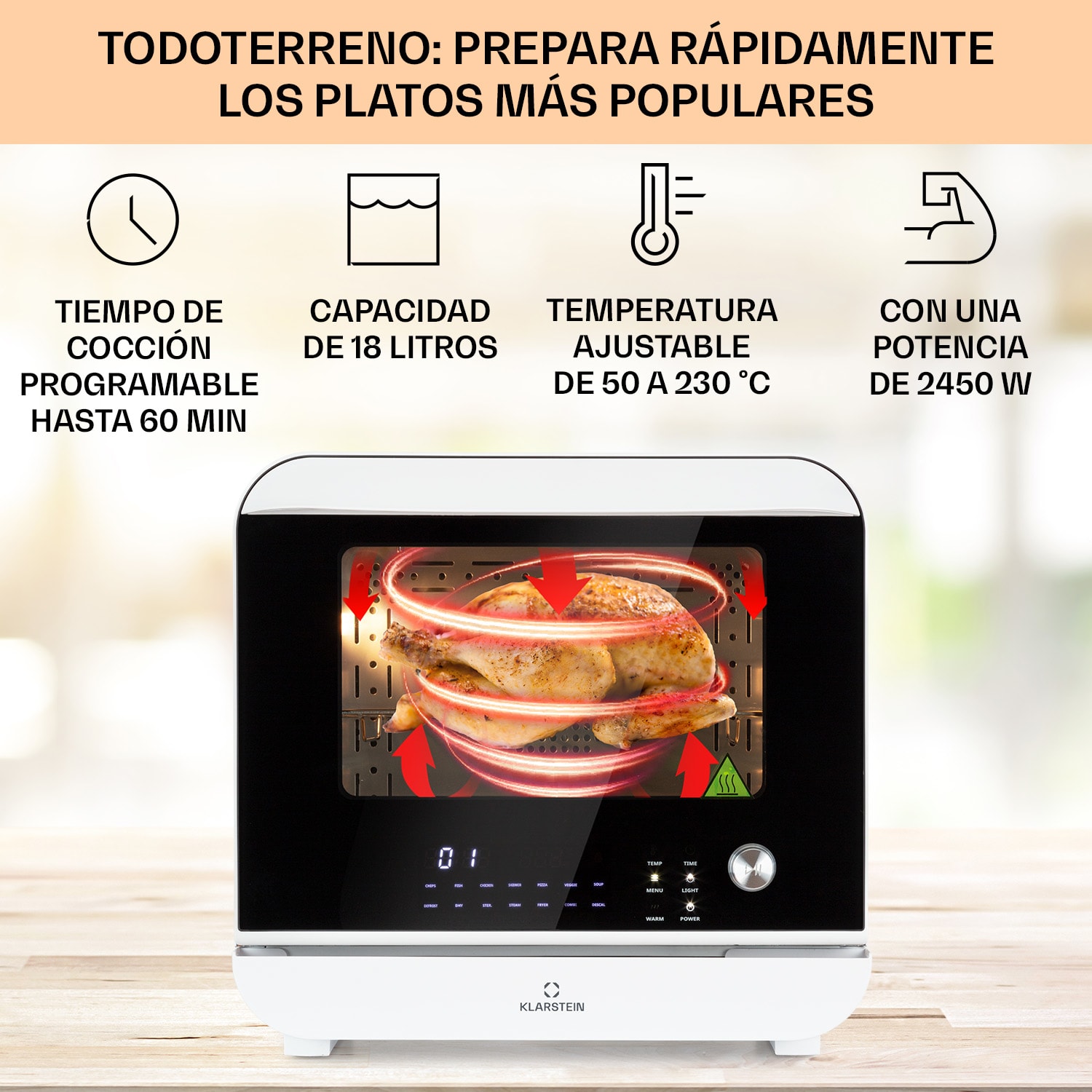 Vita Pro Hot Air Deep Fryer con cocción vapor 2450 W 18 litros 14 programas 800 ml depósito de agua Blanco