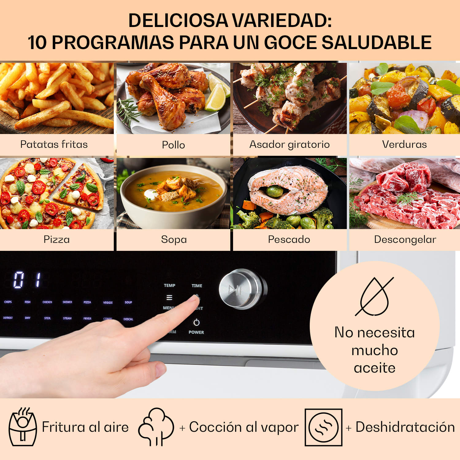 Vita Pro Hot Air Deep Fryer con cocción vapor 2450 W 18 litros 14 programas 800 ml depósito de agua Blanco