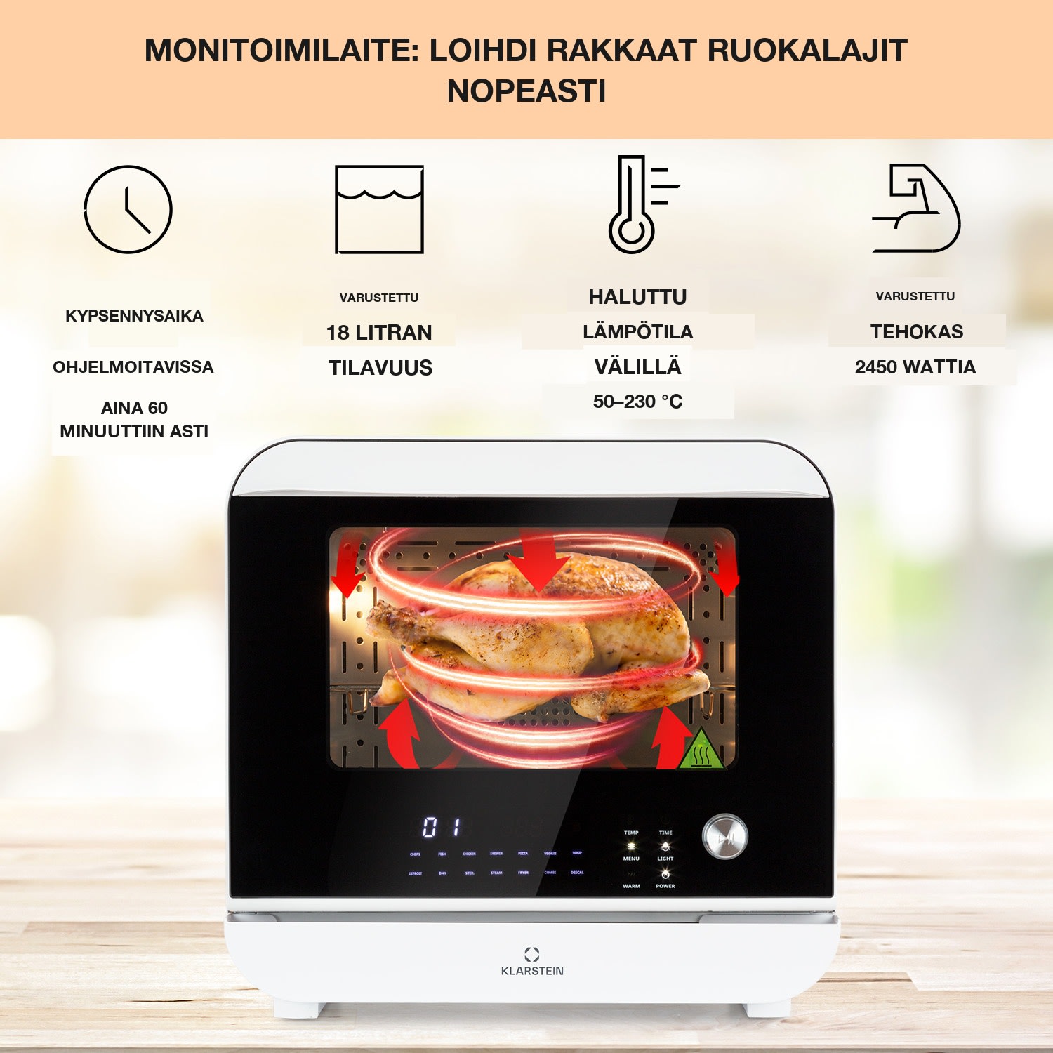 Vita Pro kuumailmakeitin höyrykypsennyksellä 2450 W 18 litraa 14 ohjelmaa 800 ml vesisäiliö Valkoinen