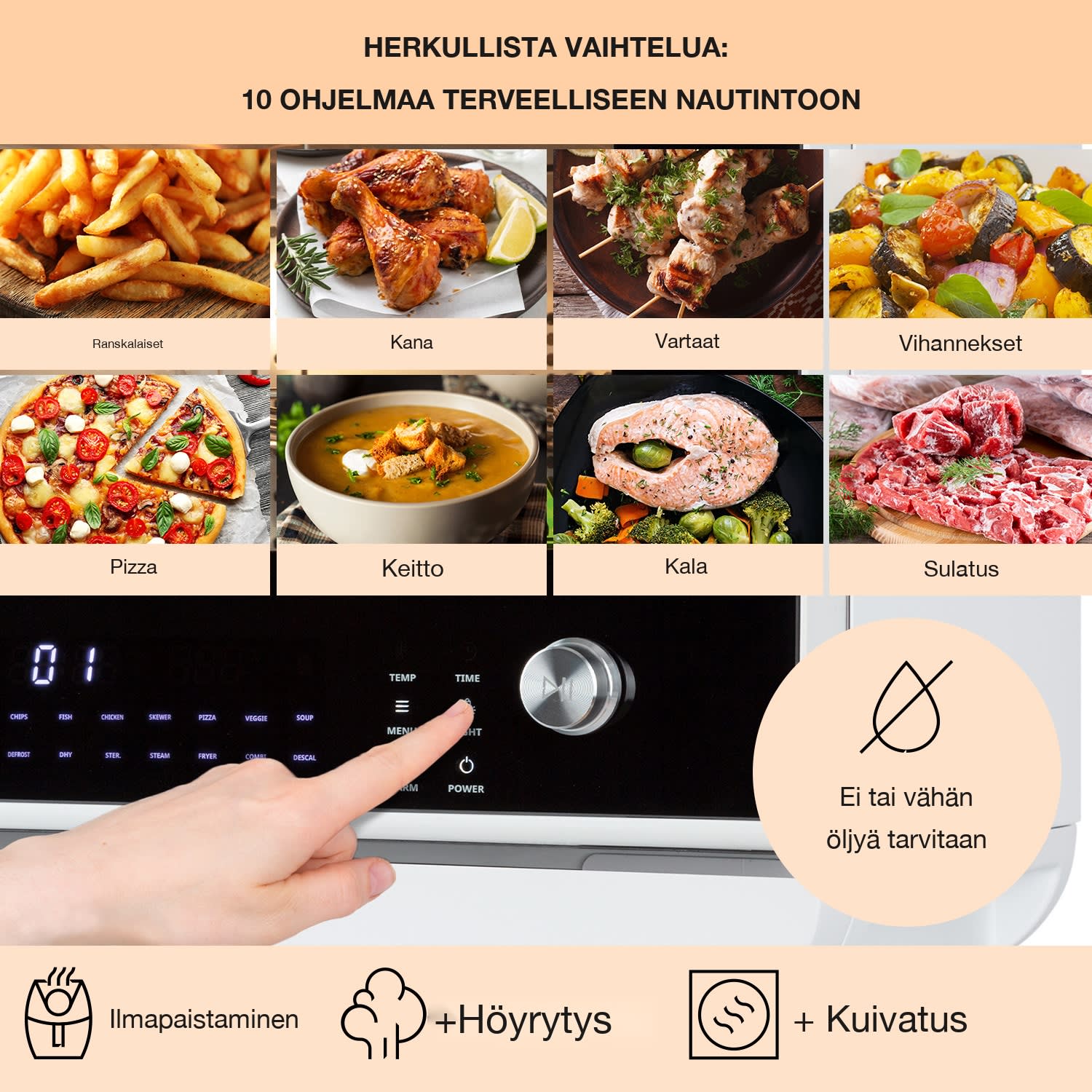 Vita Pro kuumailmakeitin höyrykypsennyksellä 2450 W 18 litraa 14 ohjelmaa 800 ml vesisäiliö Valkoinen