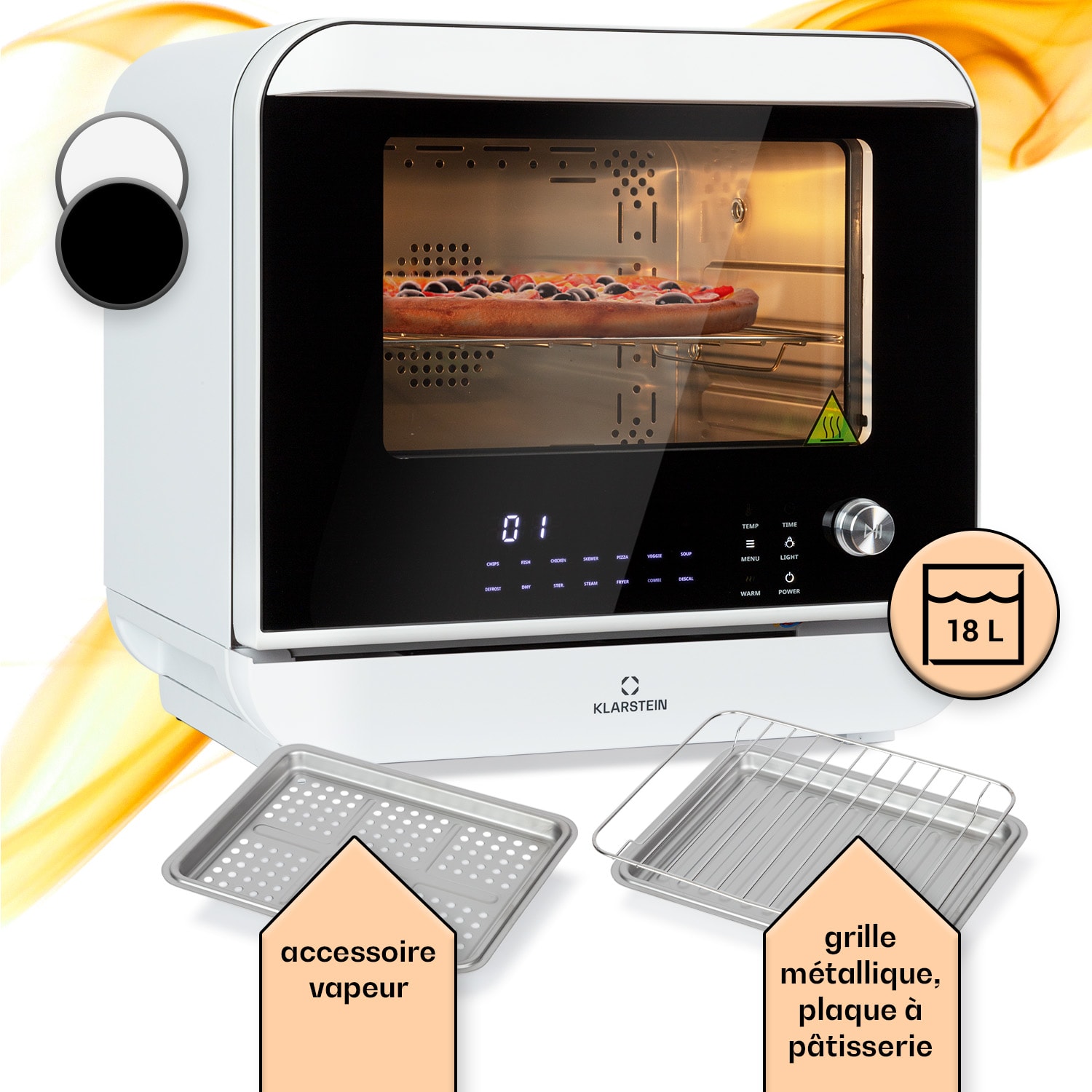 Vita Pro Friteuse à air chaud avec cuisson vapeur 2450 W 18 litres 14 programmes Réservoir d'eau 800 ml Blanc