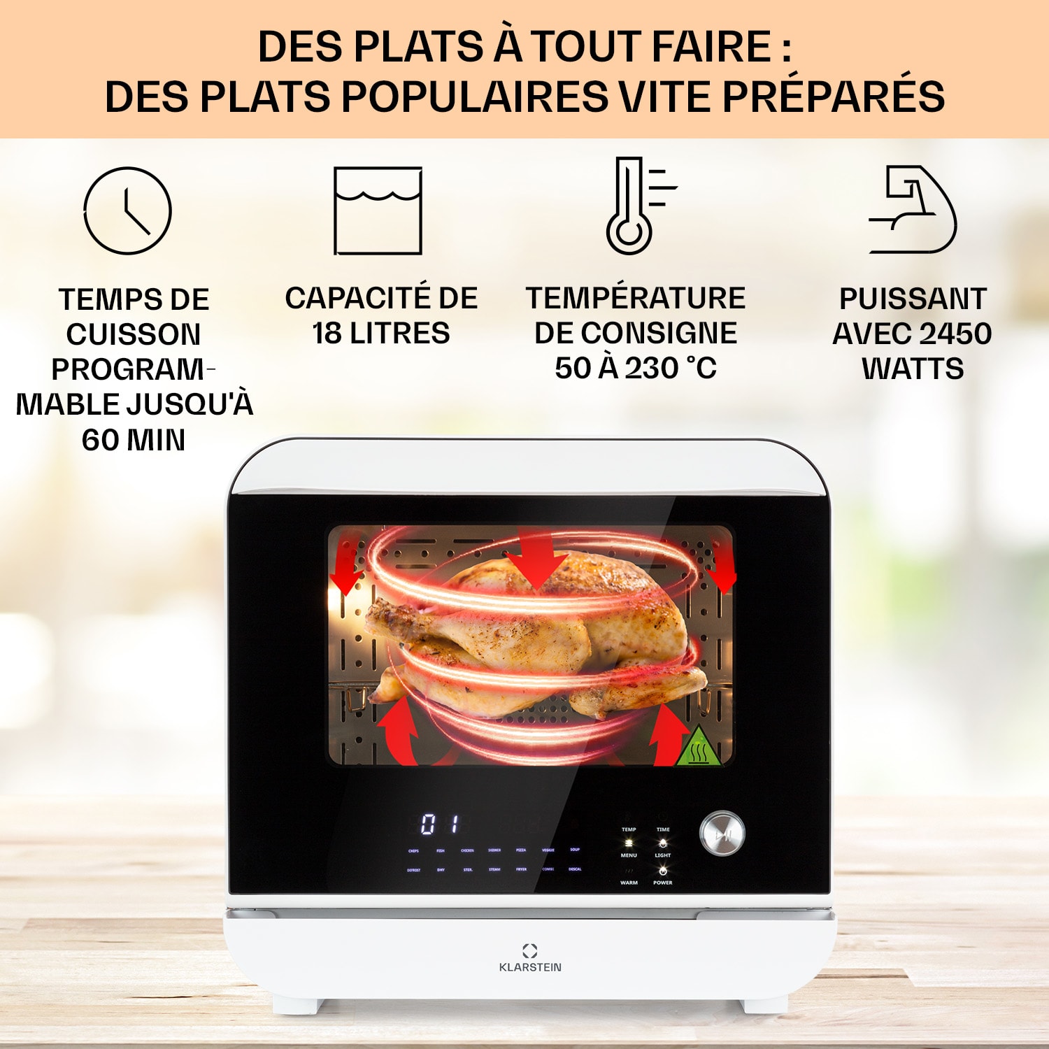 Vita Pro Friteuse à air chaud avec cuisson vapeur 2450 W 18 litres 14 programmes Réservoir d'eau 800 ml Blanc
