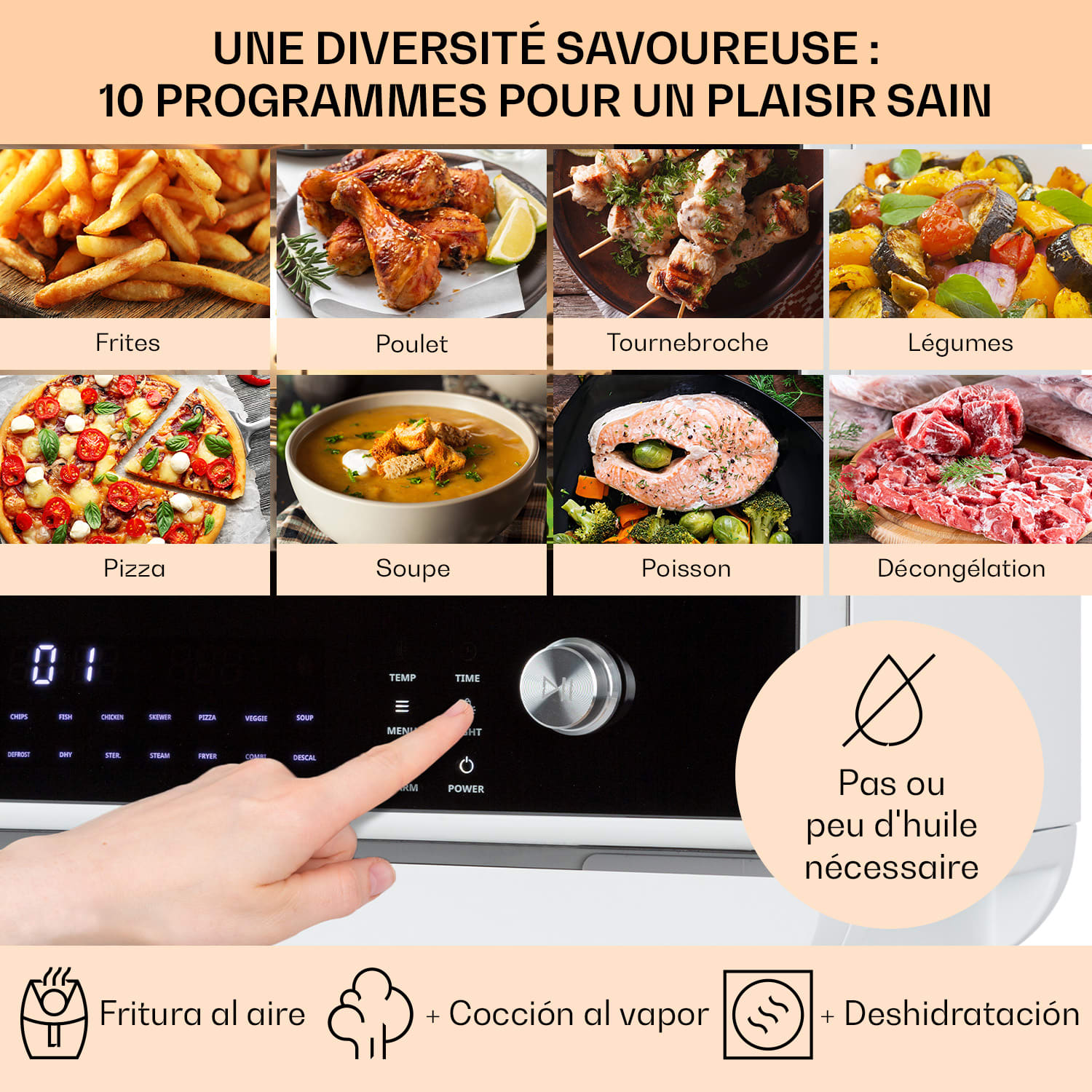 Vita Pro Friteuse à air chaud avec cuisson vapeur 2450 W 18 litres 14 programmes Réservoir d'eau 800 ml Blanc