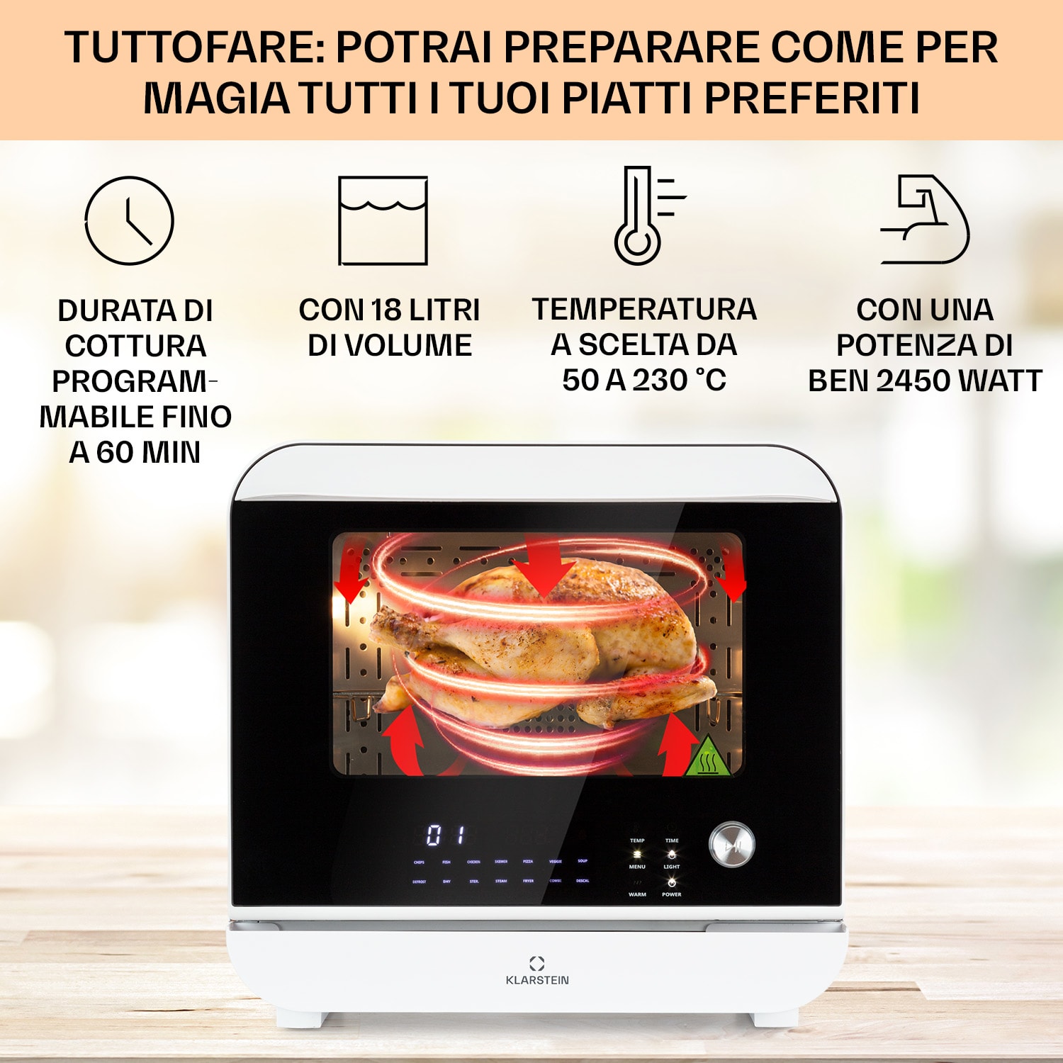Vita Pro - Friggitrice ad aria calda con cottura a vapore, 2450 W, 18 litri, 14 programmi, serbatoio da 800 ml Bianco