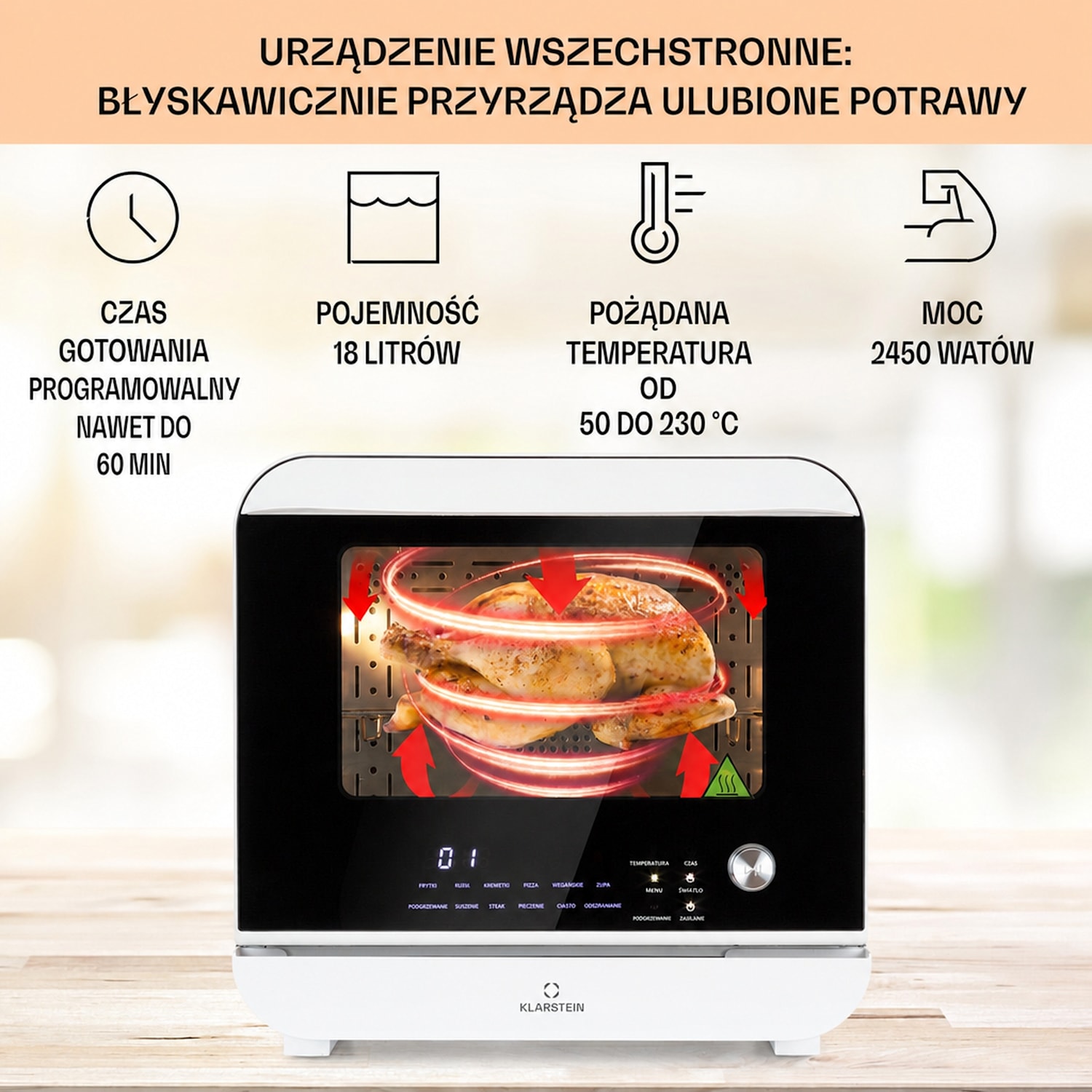 Vita Pro, frytkownica beztłuszczowa z funkcją gotowania na parze, 2450 W, 18 l, 14 programów, zbiornik na wodę o pojemności 800 ml Biały