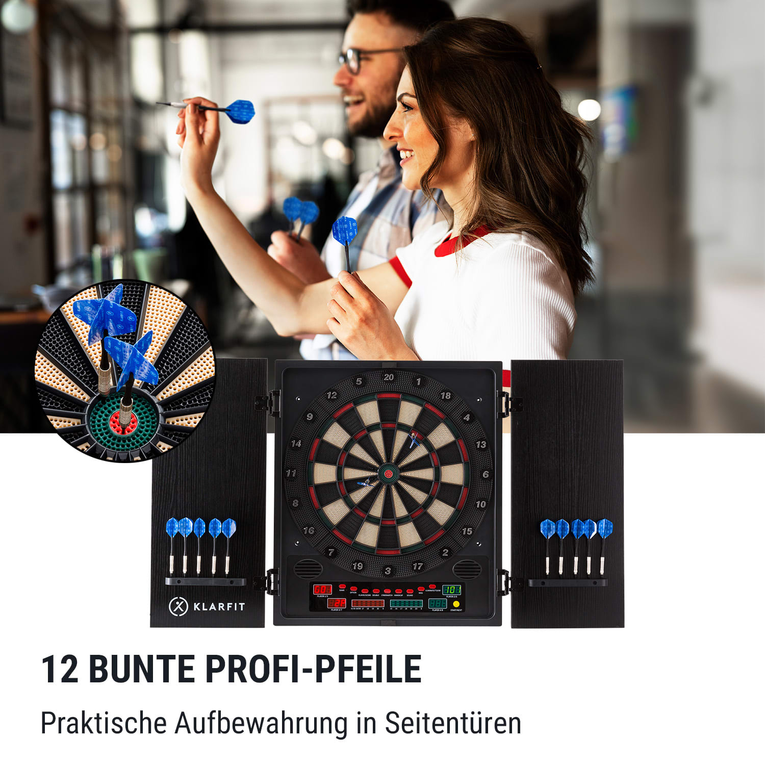 Dartmaster 180 Dartscheibe Fronttür inkl. 12 Pfeilen & 24 Pfeilspitzen Netzteil Wandmontage Mehrfarbig