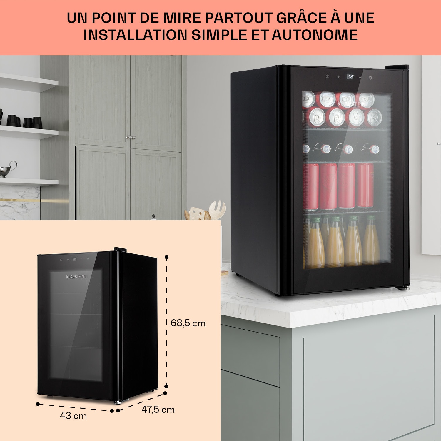 Beercave 70 koelkast 70 ltr 3 schappen 3-voudig geïsoleerde glasdeur touch 70 ltr | Zwart