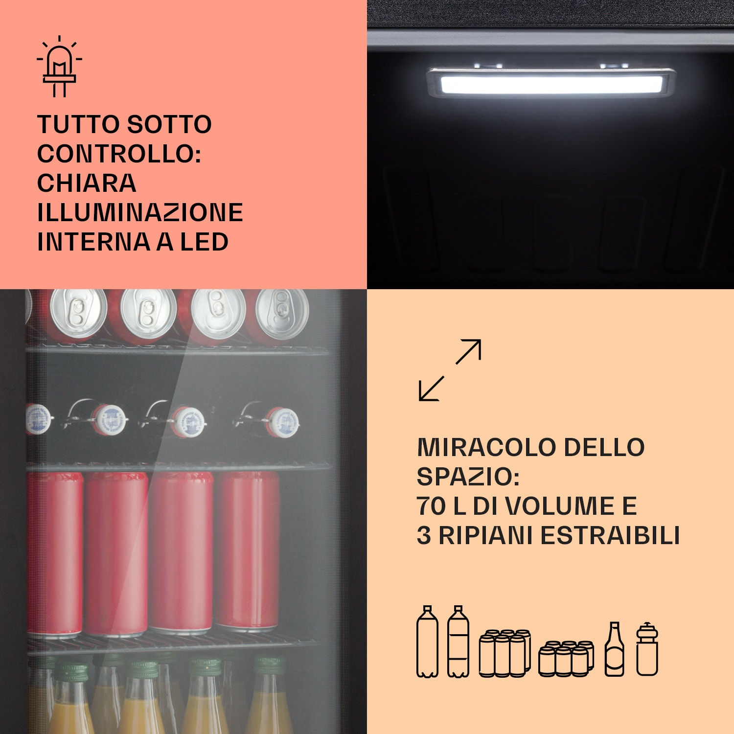 Beercave 70 - Frigorifero, 70 litri, 3 ripiani, sportello in vetro a triplo isolamento, touch 70 Ltr | Nero